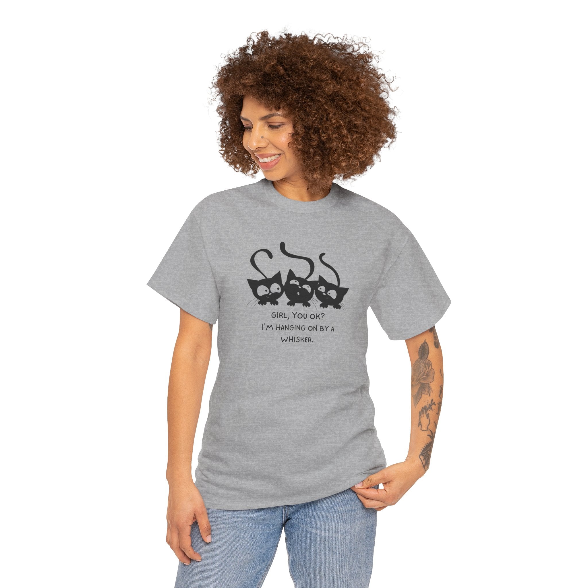 Cat Trio T‑Shirt – “Girl, You OK? I’m Hanging On By A Whisper” Cute Cat Graphic Tee