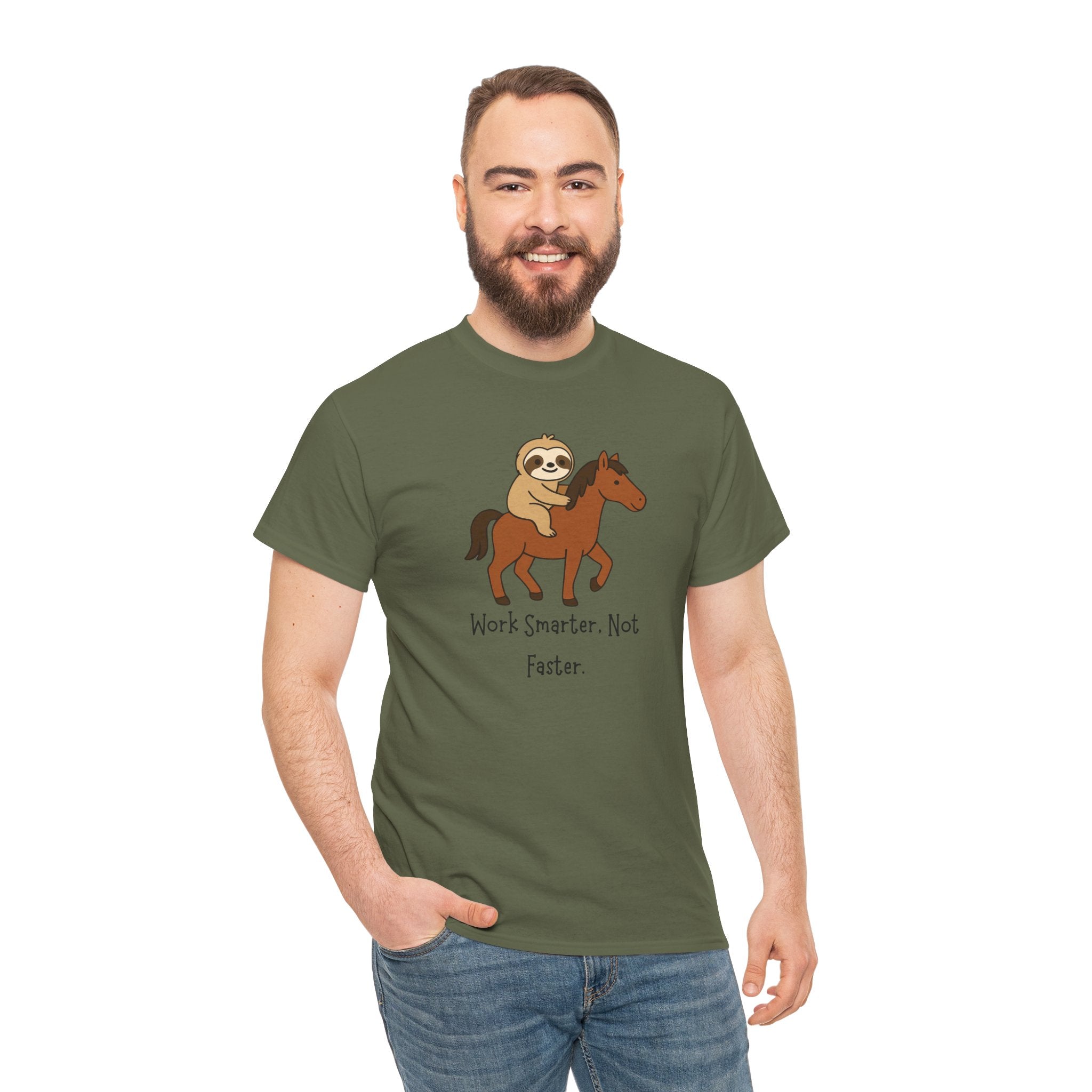 Sloth on Horse Tee — "Work Smarter, Not Faster" Cute Casual Graphic T-Shirt