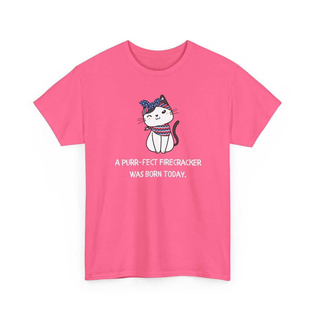 Cat Birthday Tee — "A Purr-fect Firecracker Was Born Today"