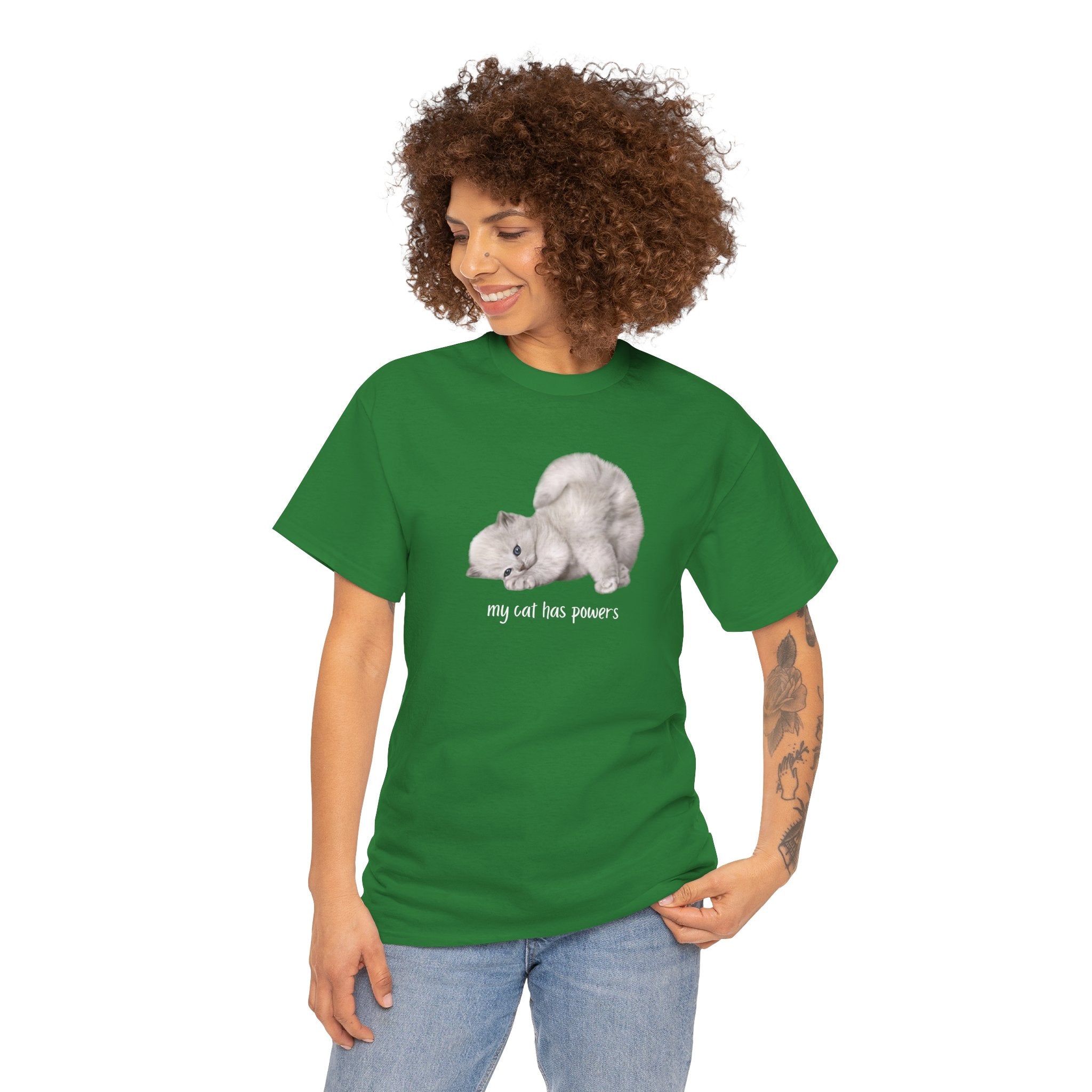 Cat T-Shirt – "My Cat Has Powers" Cute Stretching Cat Graphic Tee