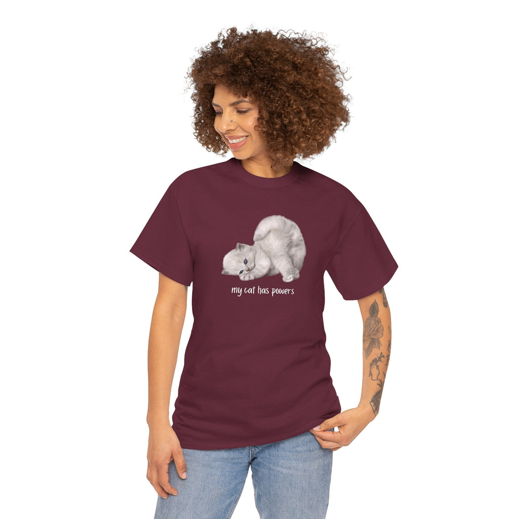 Cat T-Shirt – "My Cat Has Powers" Cute Stretching Cat Graphic Tee