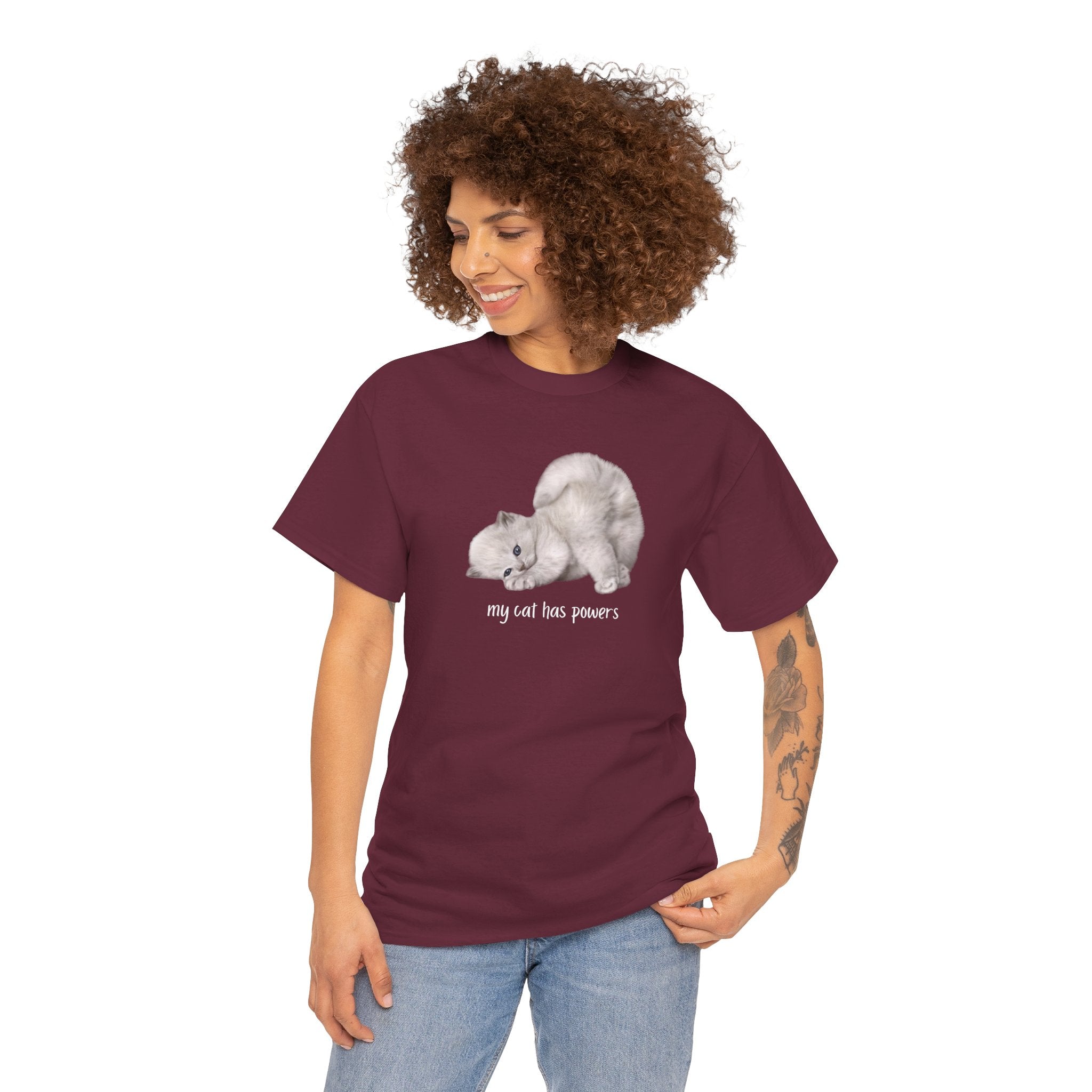 Cat T-Shirt – "My Cat Has Powers" Cute Stretching Cat Graphic Tee