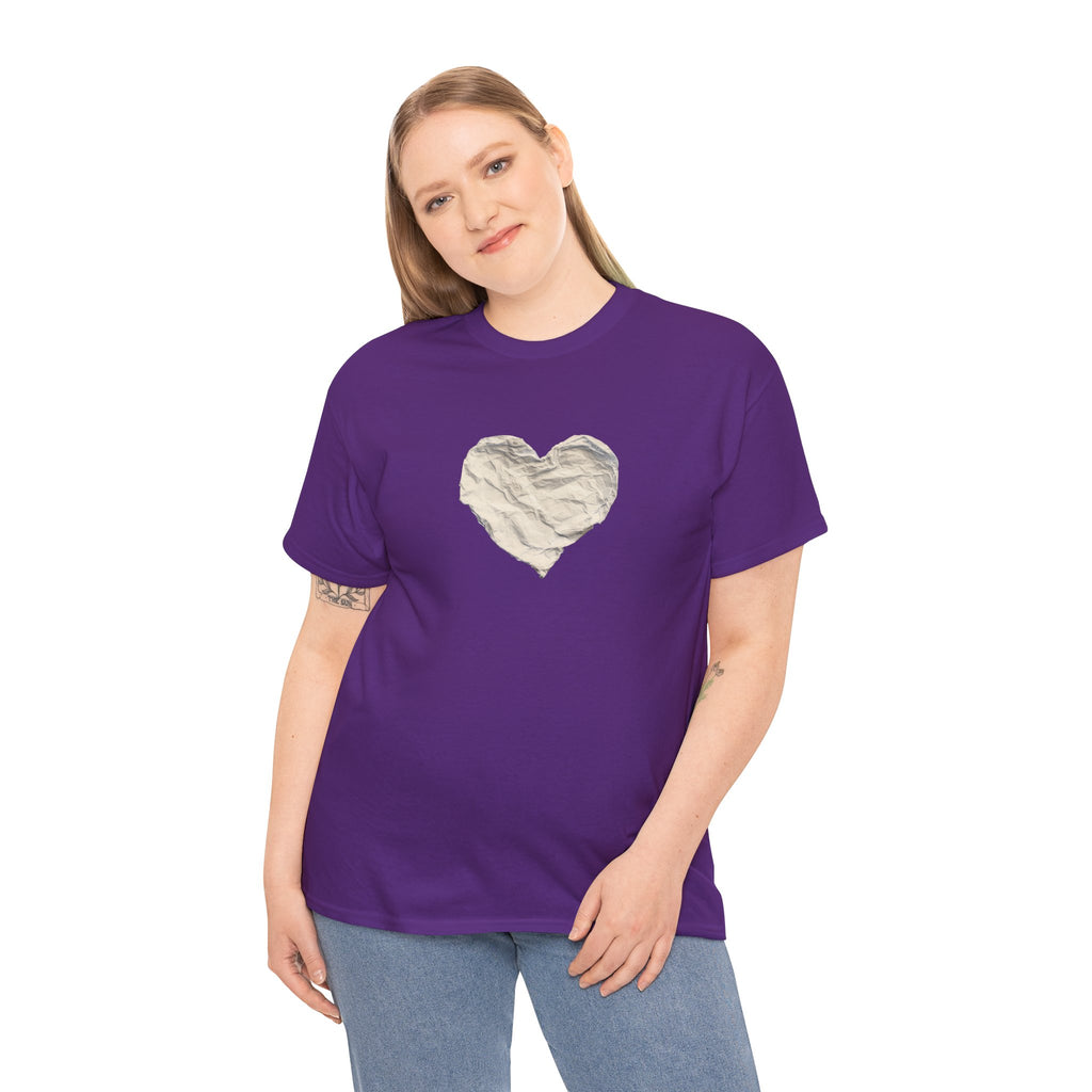 Crinkled Paper Heart Tee - Minimalist White Cotton Shirt