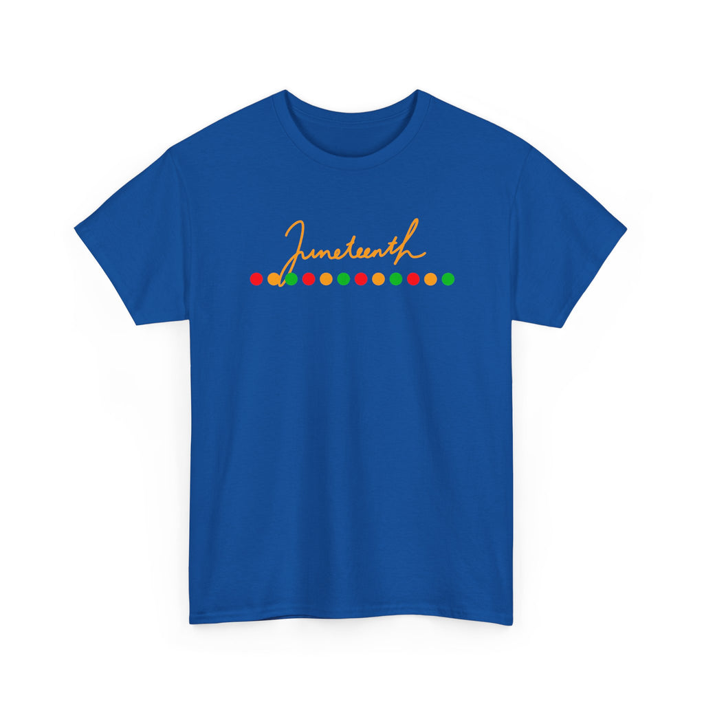 Juneteenth Script Tee — Juneteenth Celebration T-Shirt with Red, Green & Gold Dot Accent