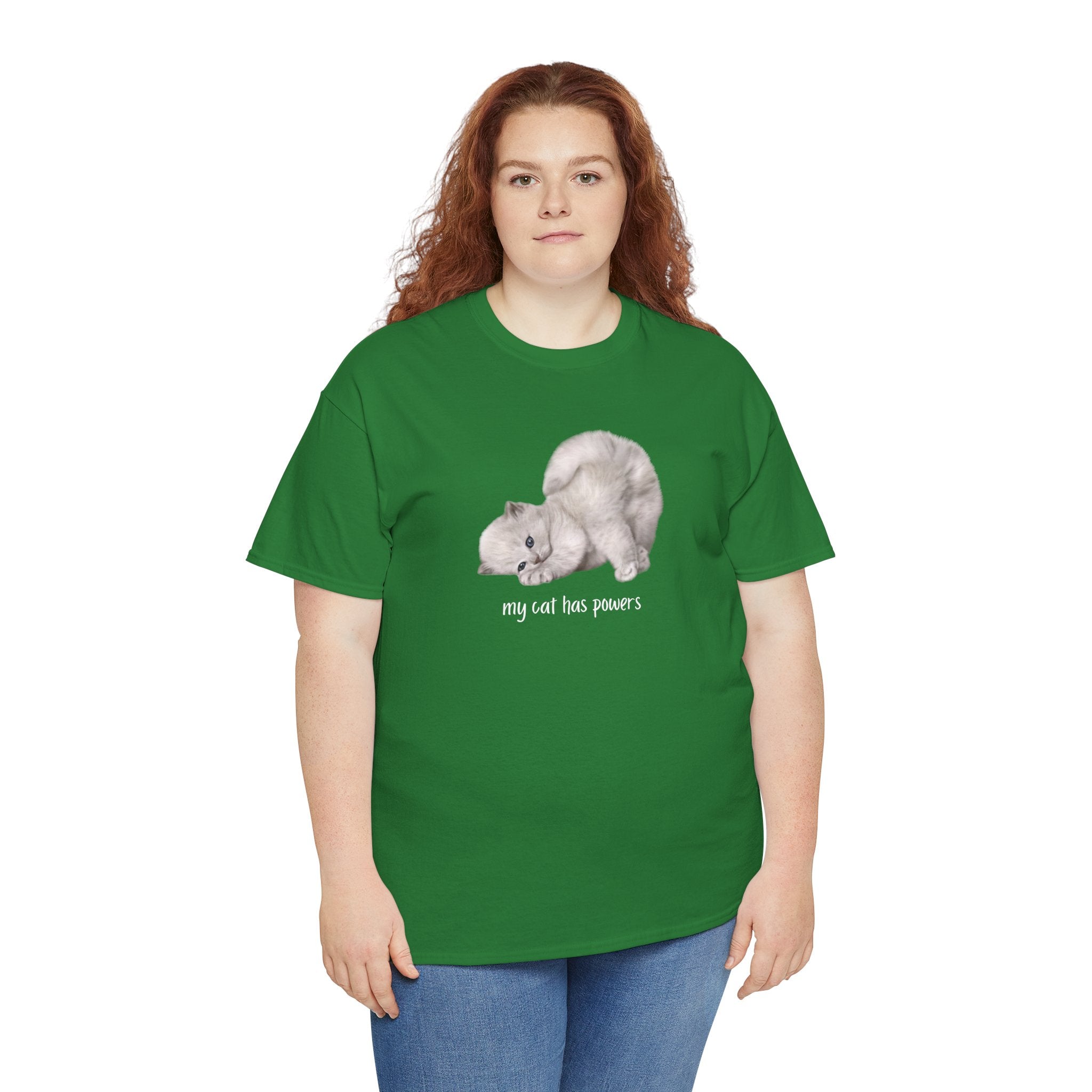 Cat T-Shirt – "My Cat Has Powers" Cute Stretching Cat Graphic Tee