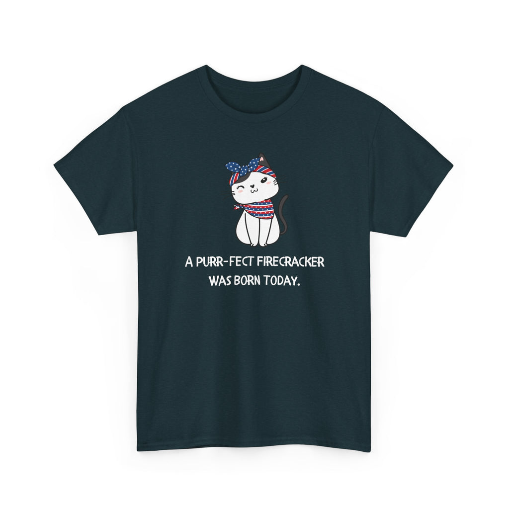 Cat Birthday Tee — "A Purr-fect Firecracker Was Born Today"