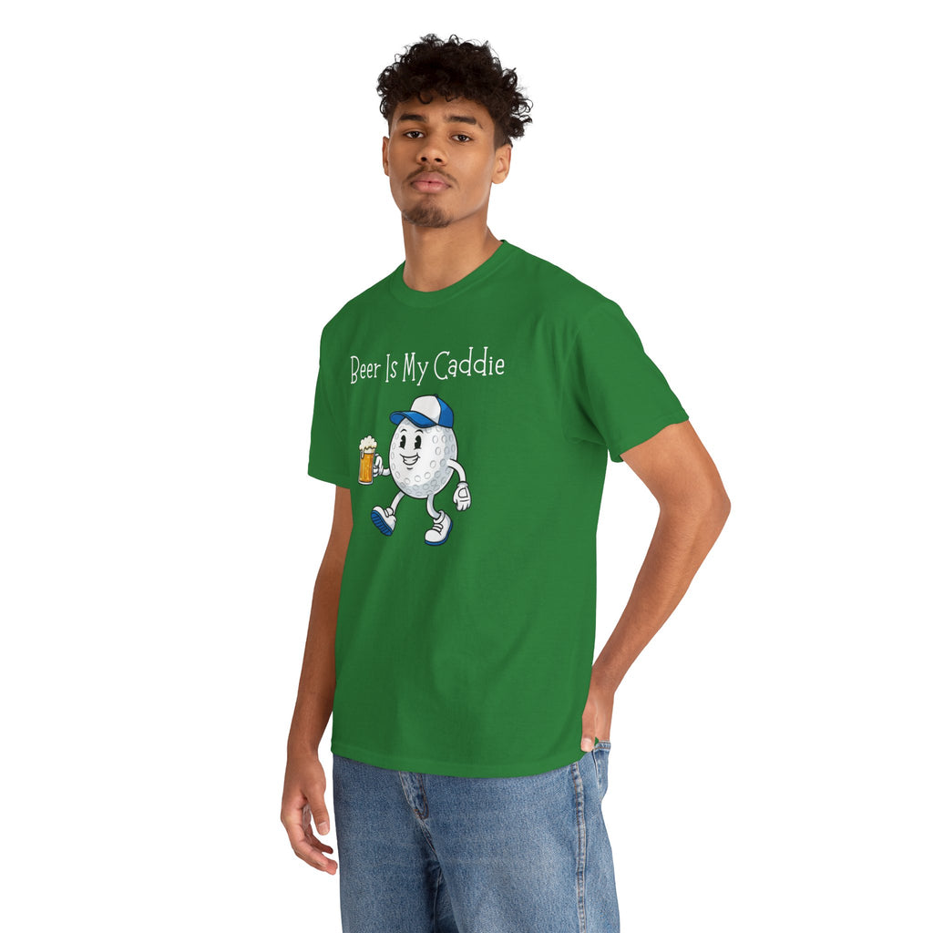 Golf Ball Cartoon Tee — "Beer Is My Caddie" Funny Golf Shirt