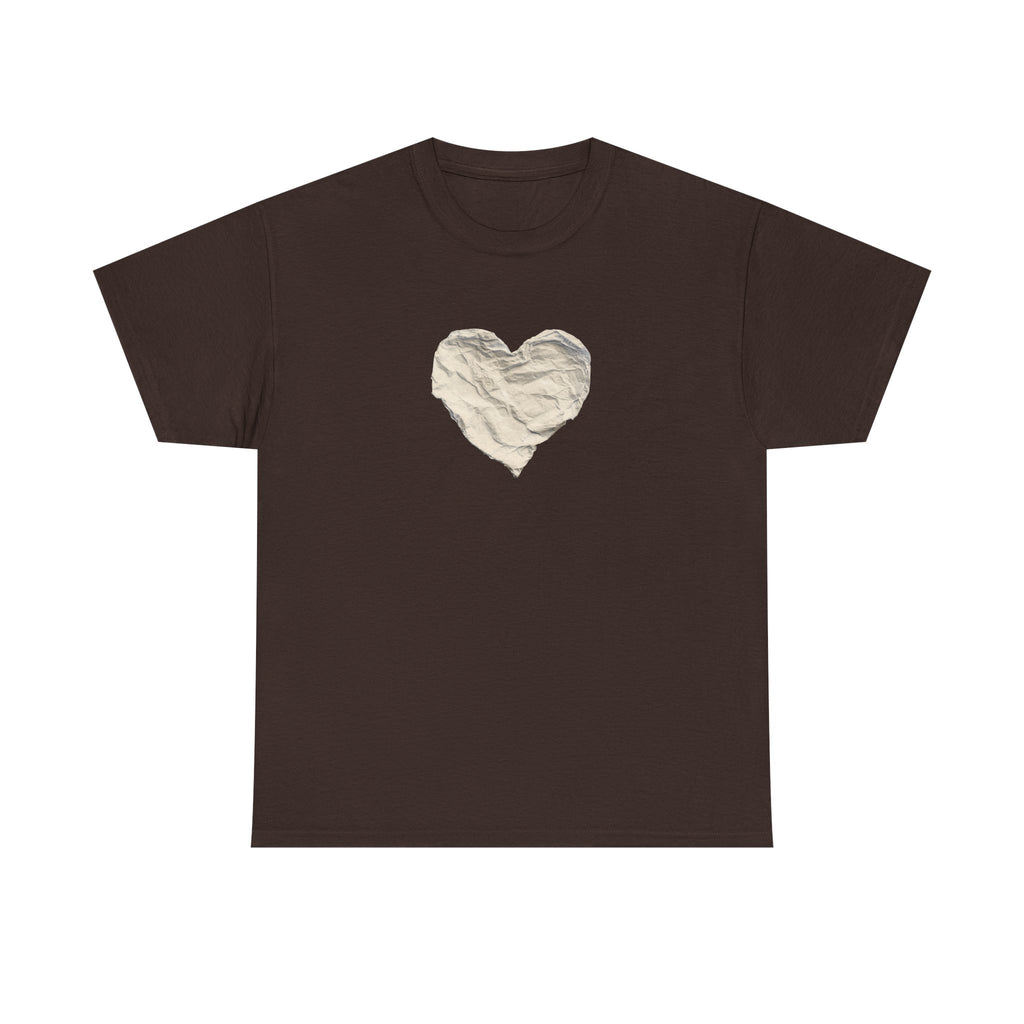 Crinkled Paper Heart Tee - Minimalist White Cotton Shirt