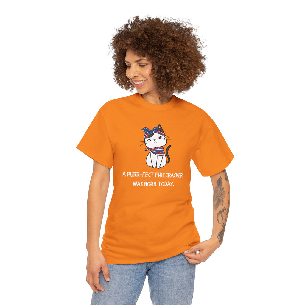 Cat Birthday Tee — "A Purr-fect Firecracker Was Born Today"