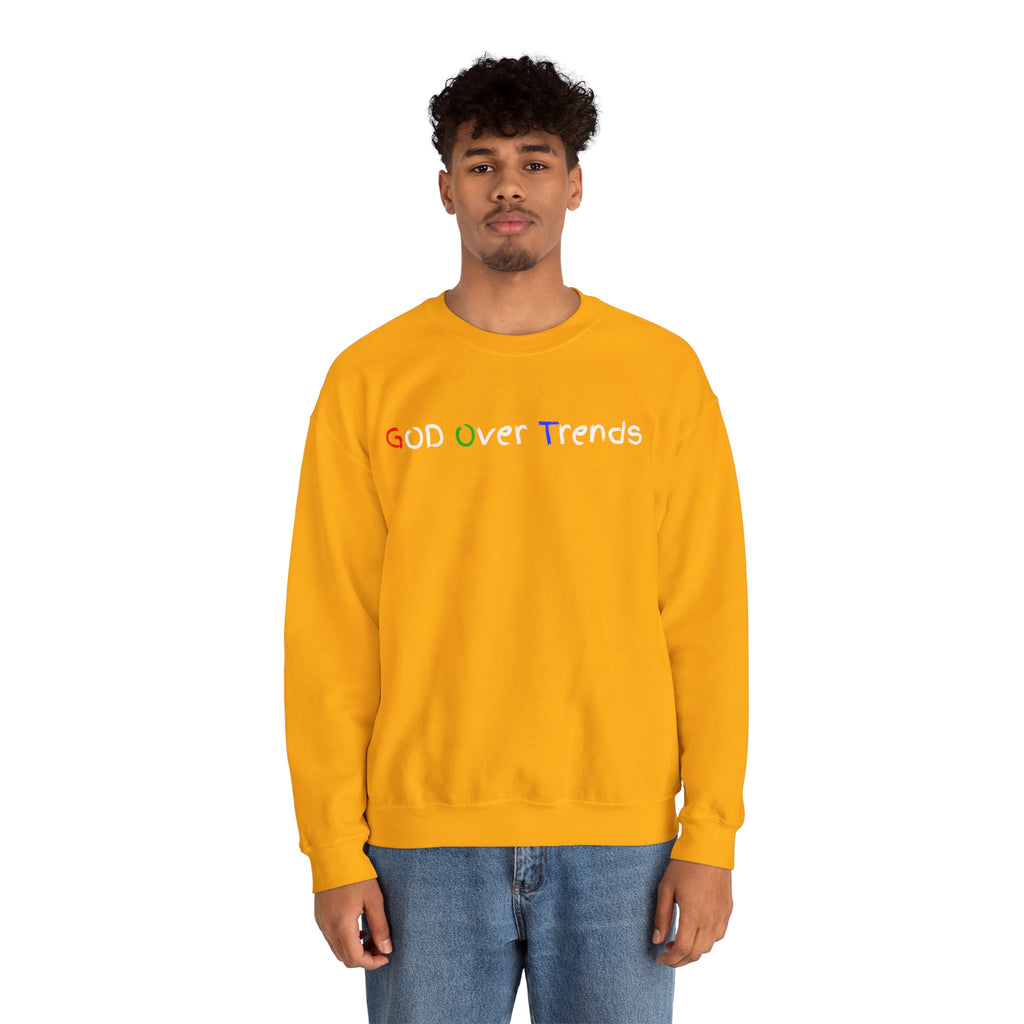 Crewneck Sweatshirt — "GOD over Trends" Colorful Faith Graphic