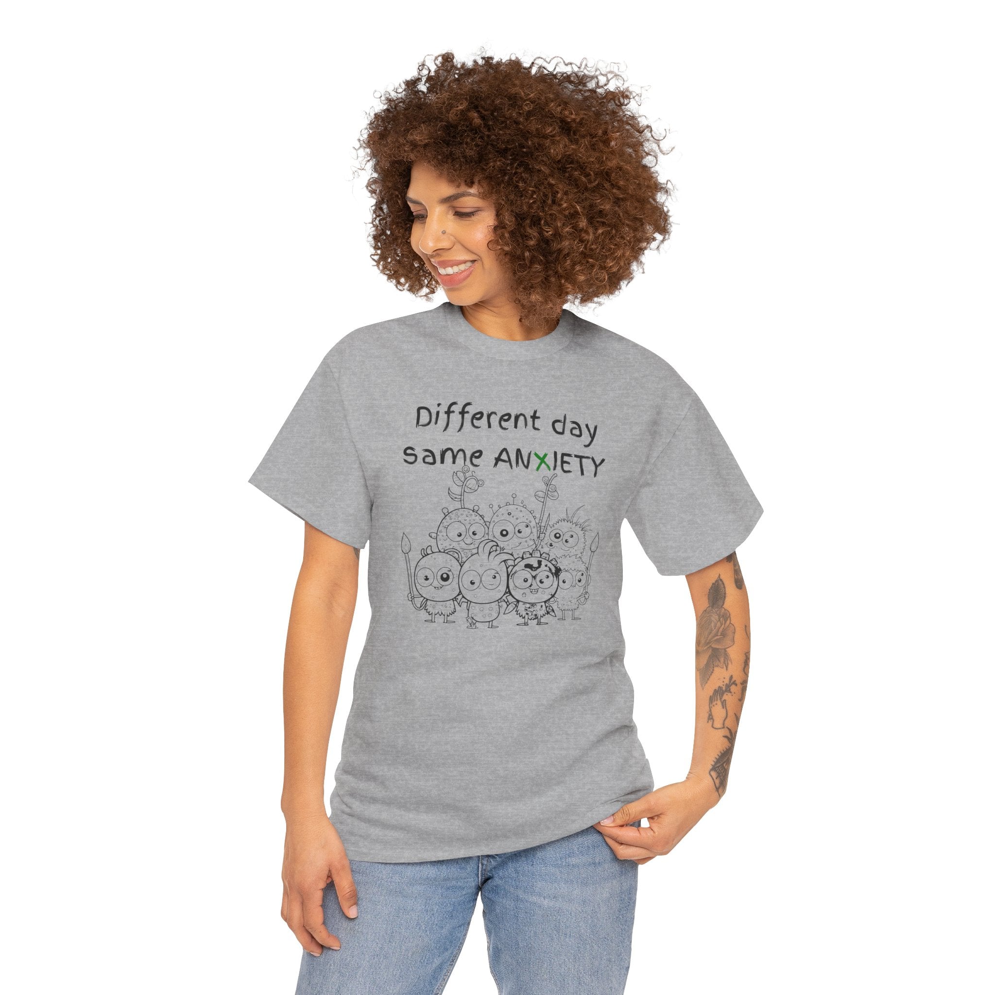 Anxiety Cartoon Tee — "Different day same ANXIETY" Mental Health Graphic T-Shirt
