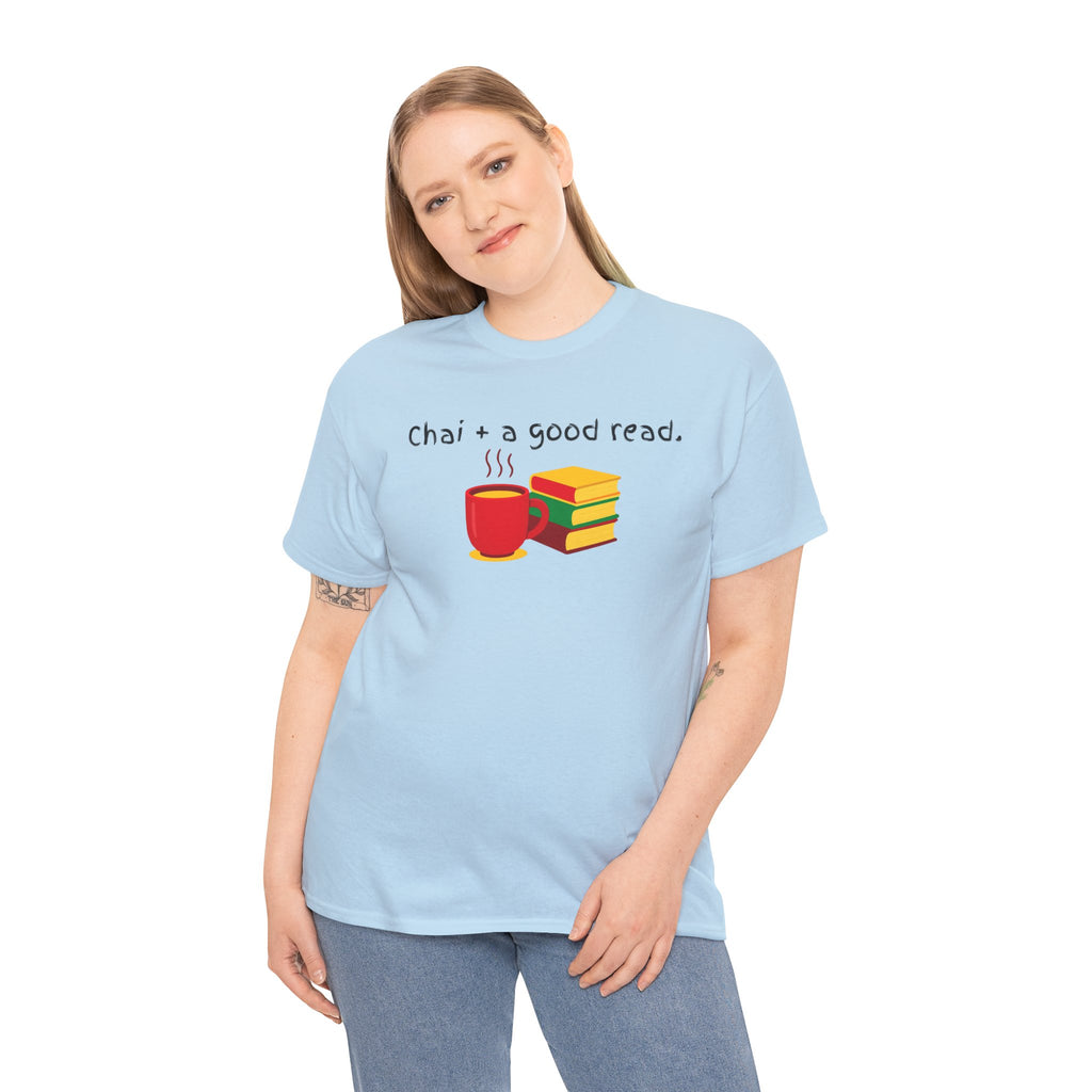 Chai + A Good Read T-Shirt — Tea & Books Graphic Tee for Book Lovers