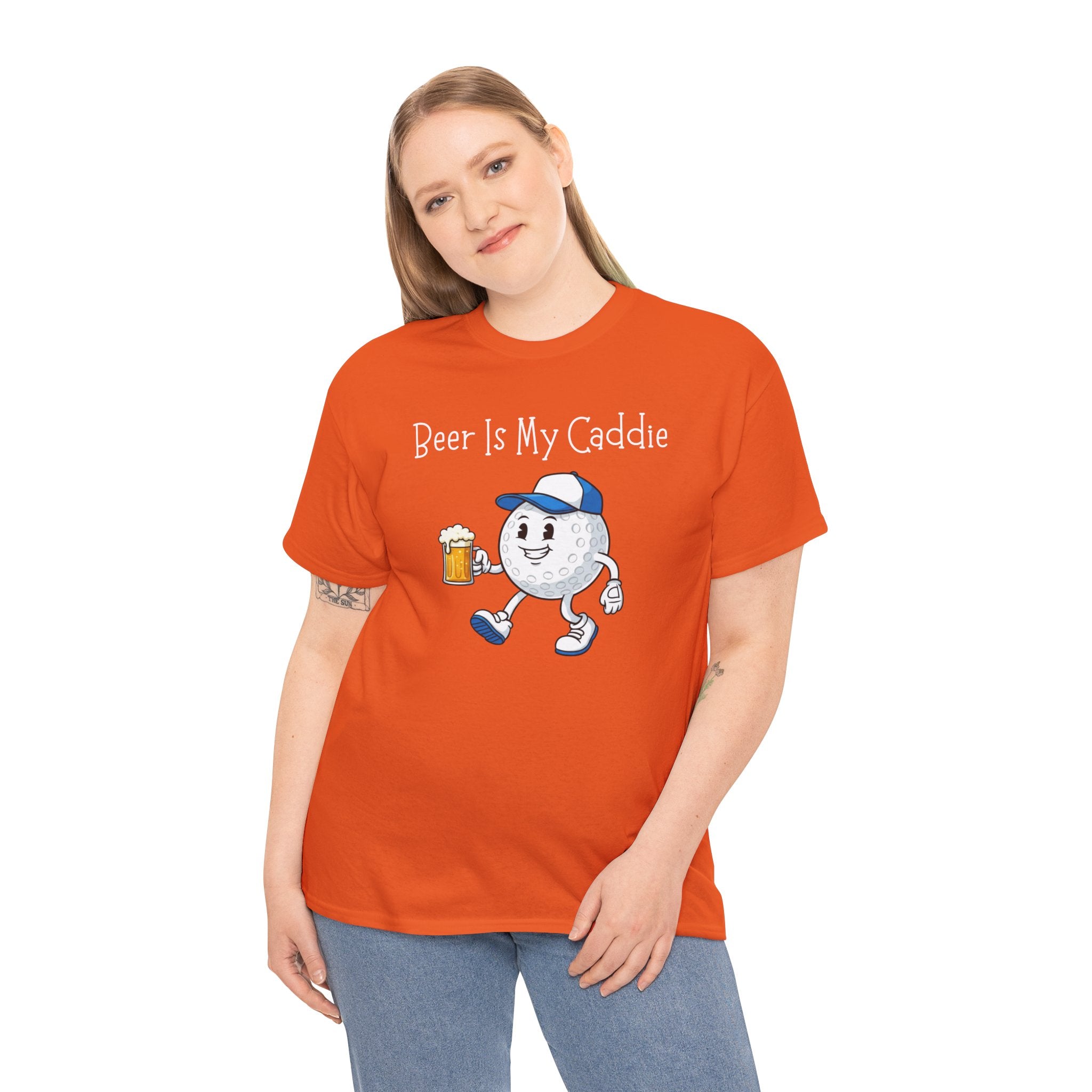 Golf Ball Cartoon Tee — "Beer Is My Caddie" Funny Golf Shirt