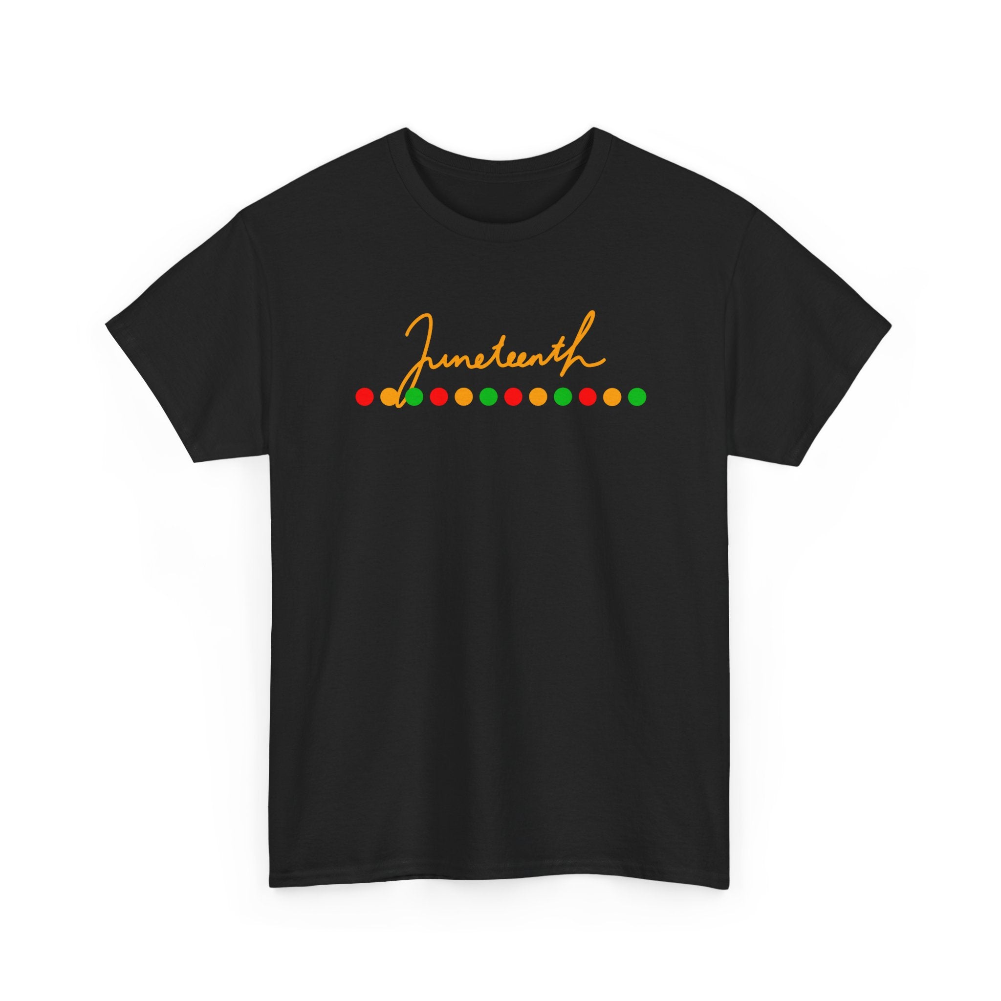 Juneteenth Script Tee — Juneteenth Celebration T-Shirt with Red, Green & Gold Dot Accent