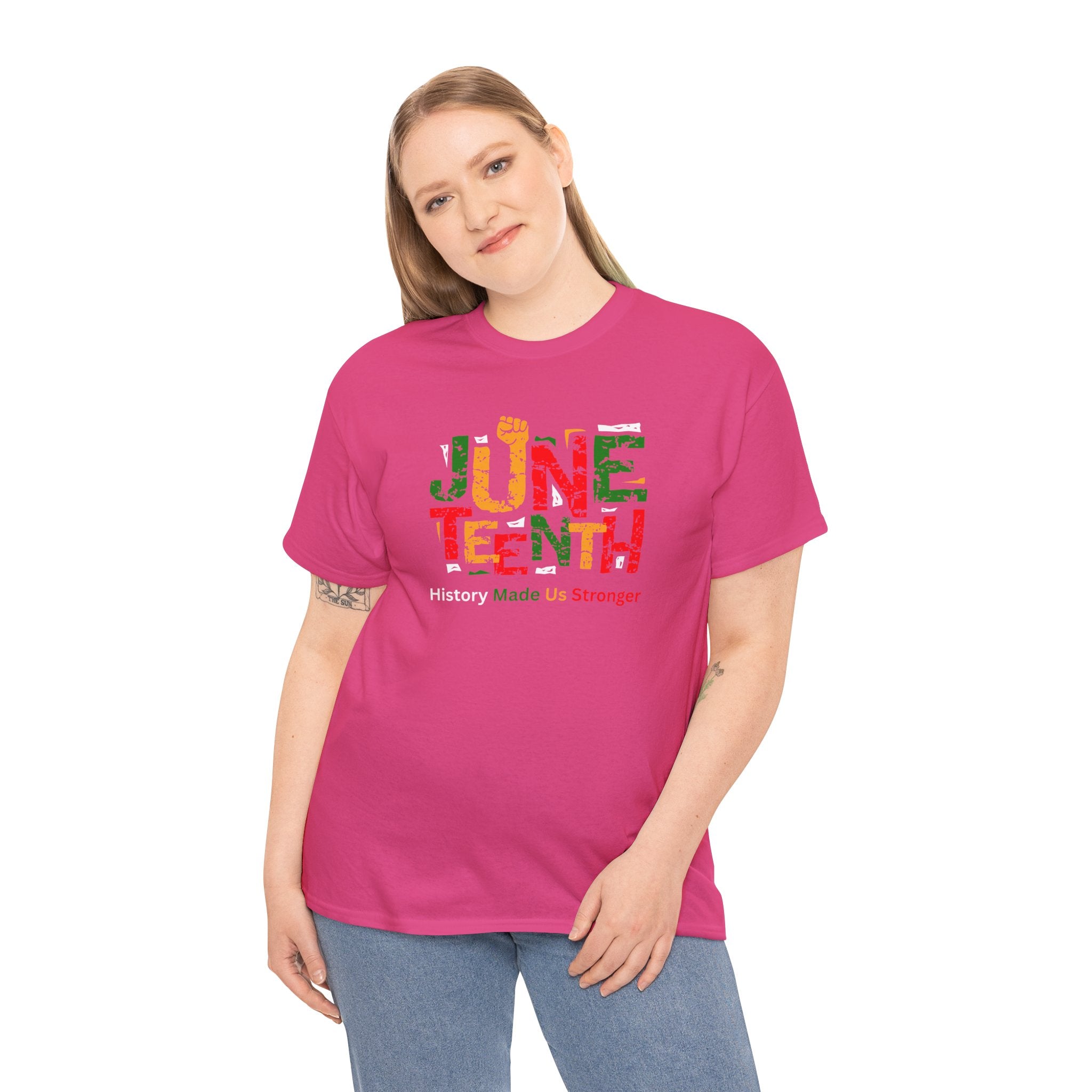 Juneteenth Celebration T-Shirt — "Made Us Stronger" Floral Block Letter Tee