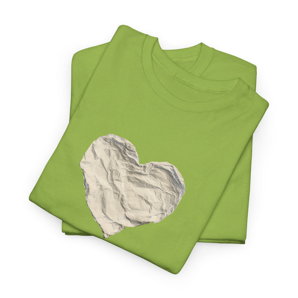 Crinkled Paper Heart Tee - Minimalist White Cotton Shirt