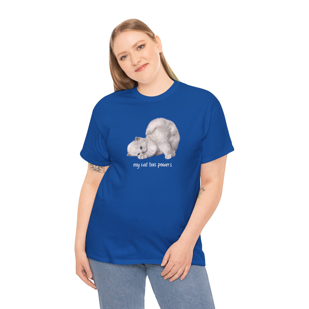 Cat T-Shirt – "My Cat Has Powers" Cute Stretching Cat Graphic Tee