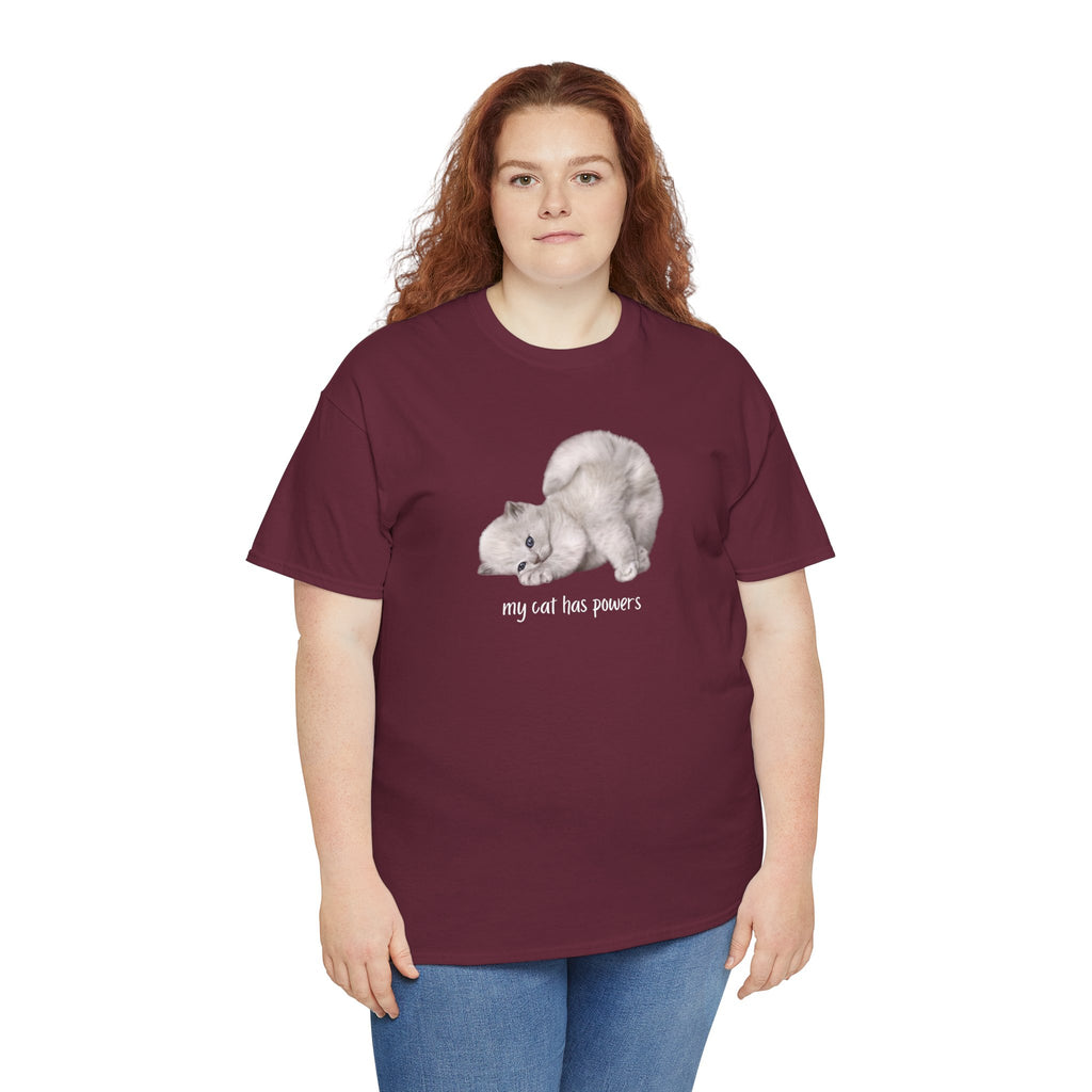 Cat T-Shirt – "My Cat Has Powers" Cute Stretching Cat Graphic Tee