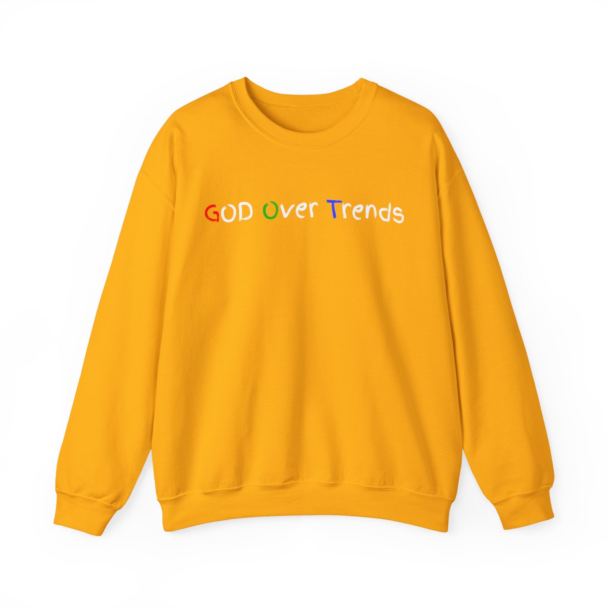 Crewneck Sweatshirt — "GOD over Trends" Colorful Faith Graphic