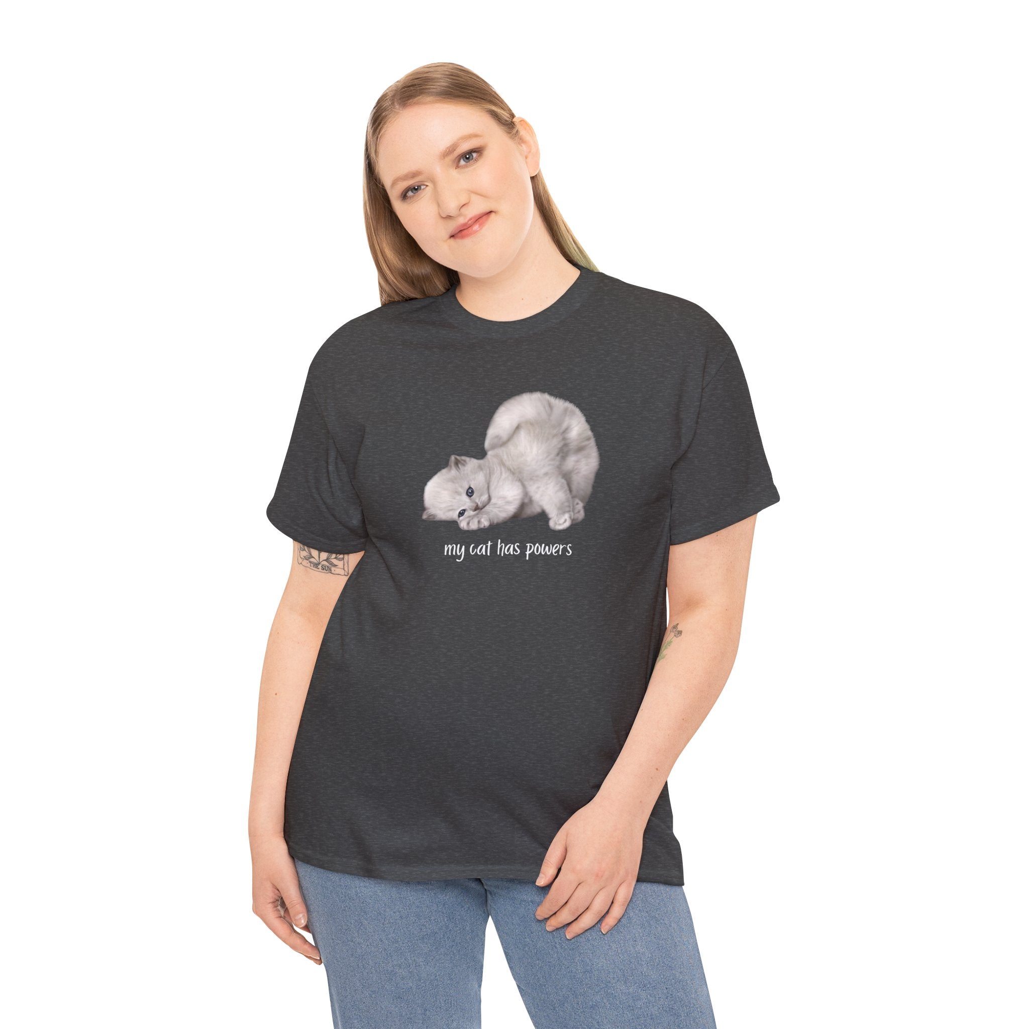 Cat T-Shirt – "My Cat Has Powers" Cute Stretching Cat Graphic Tee
