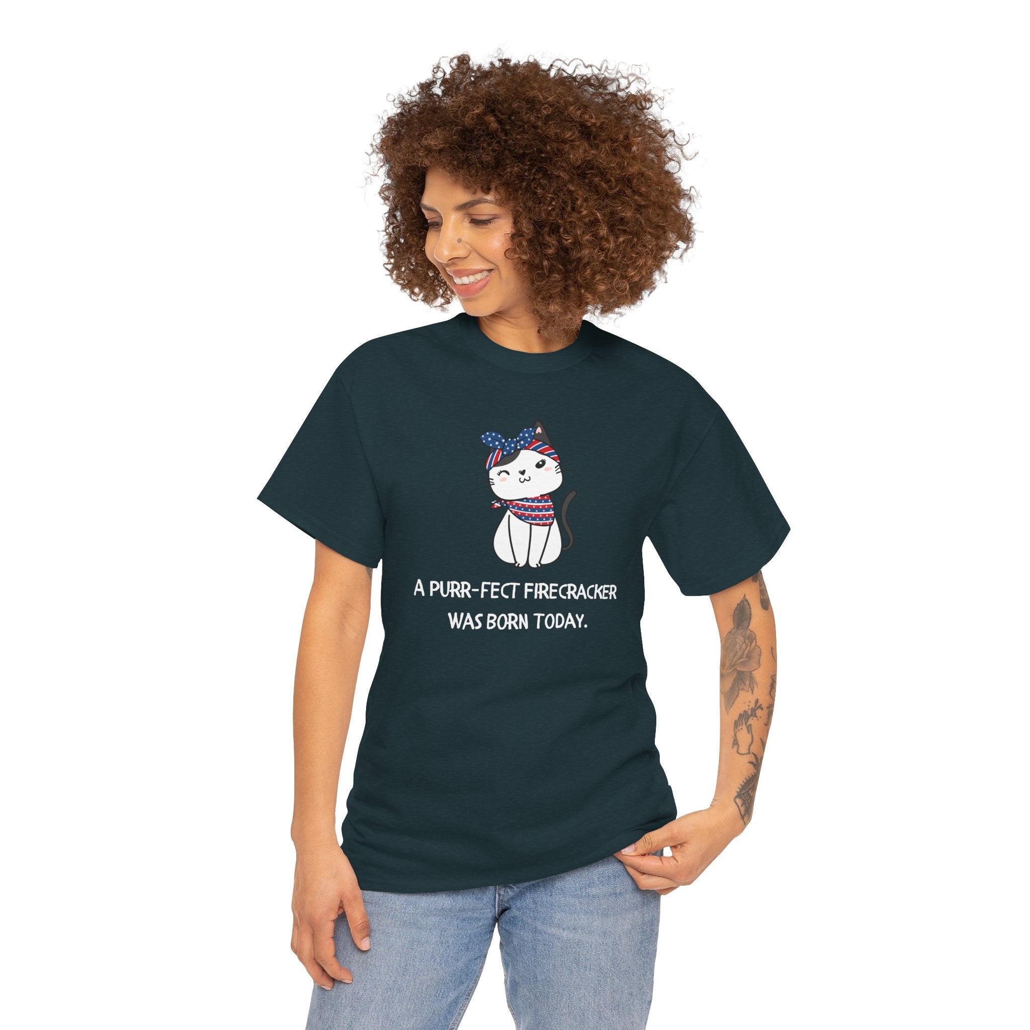 Cat Birthday Tee — "A Purr-fect Firecracker Was Born Today"