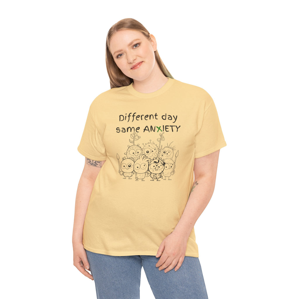 Anxiety Cartoon Tee — "Different day same ANXIETY" Mental Health Graphic T-Shirt