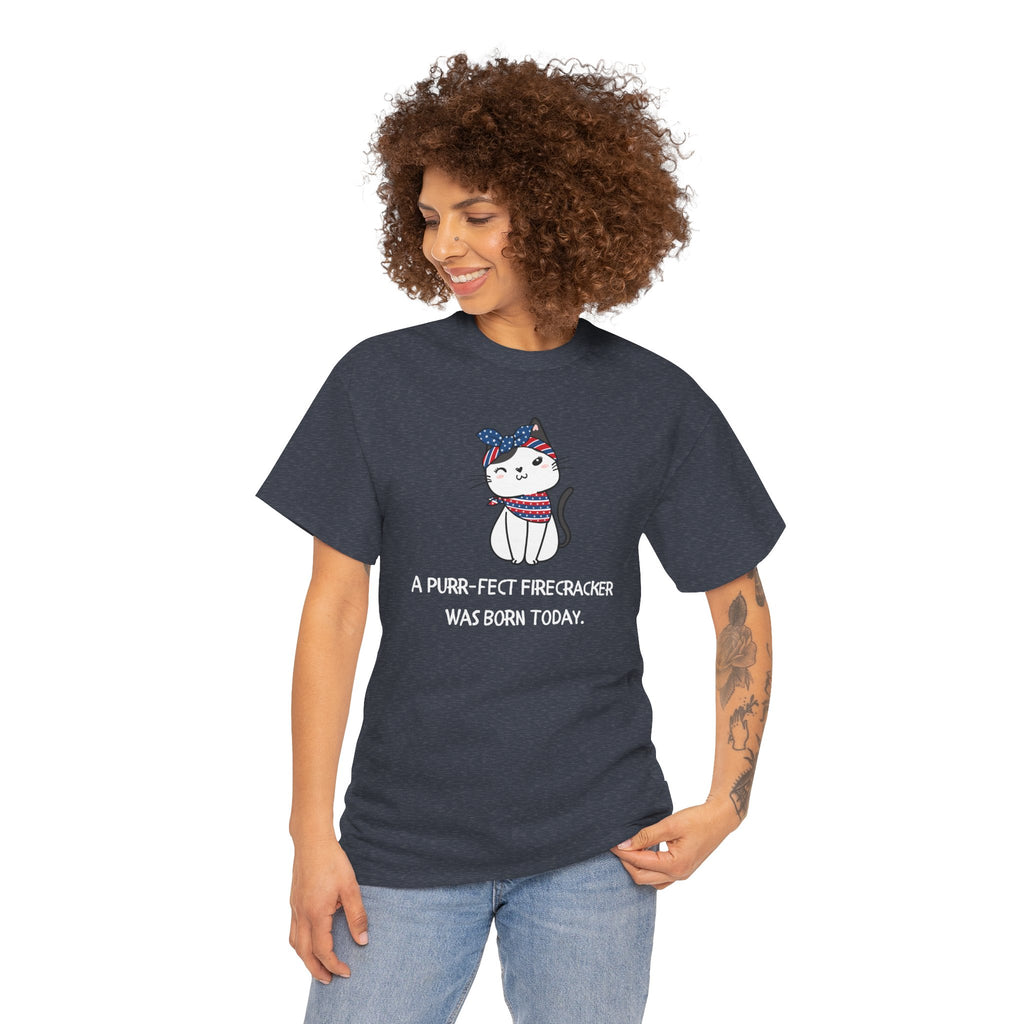 Cat Birthday Tee — "A Purr-fect Firecracker Was Born Today"