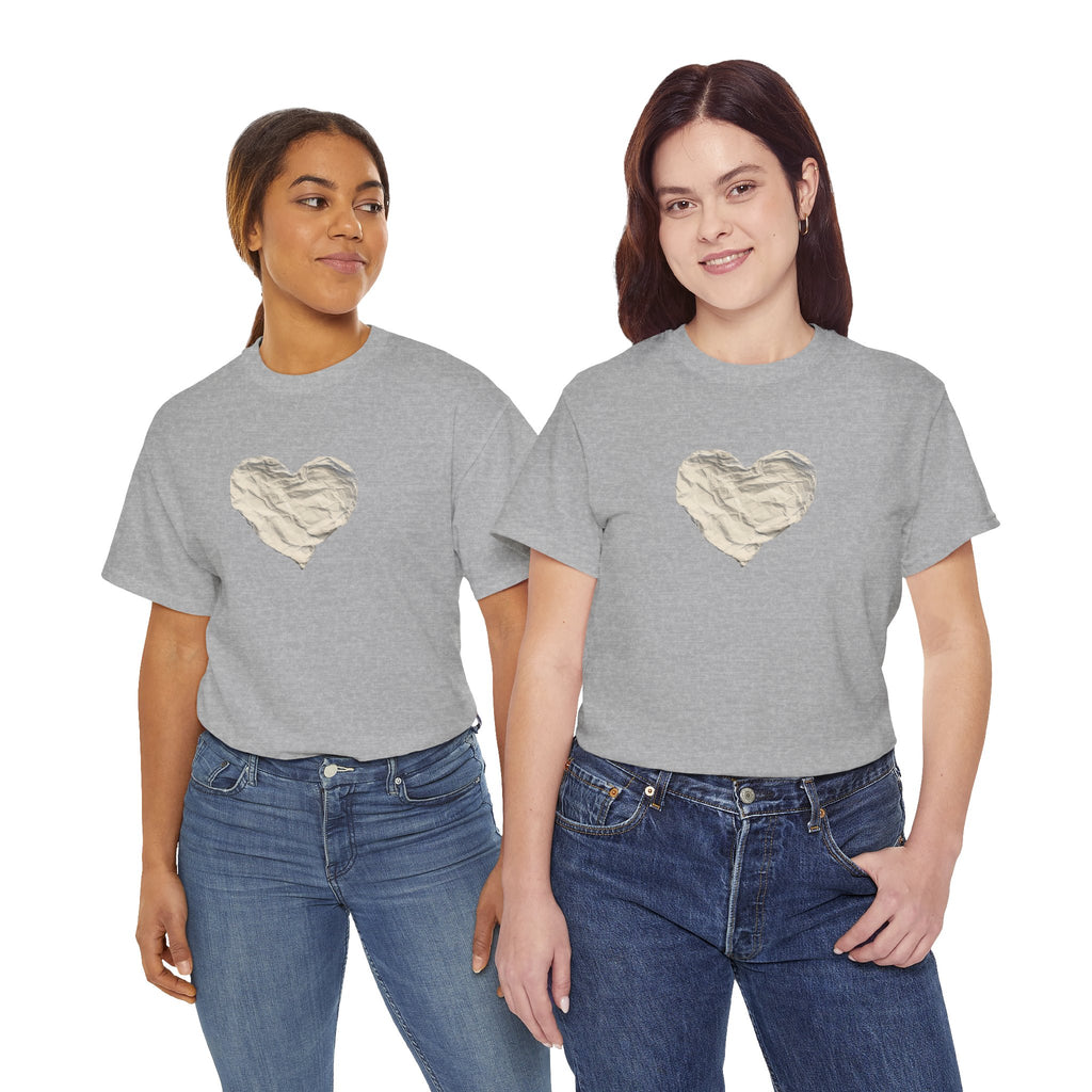 Crinkled Paper Heart Tee - Minimalist White Cotton Shirt