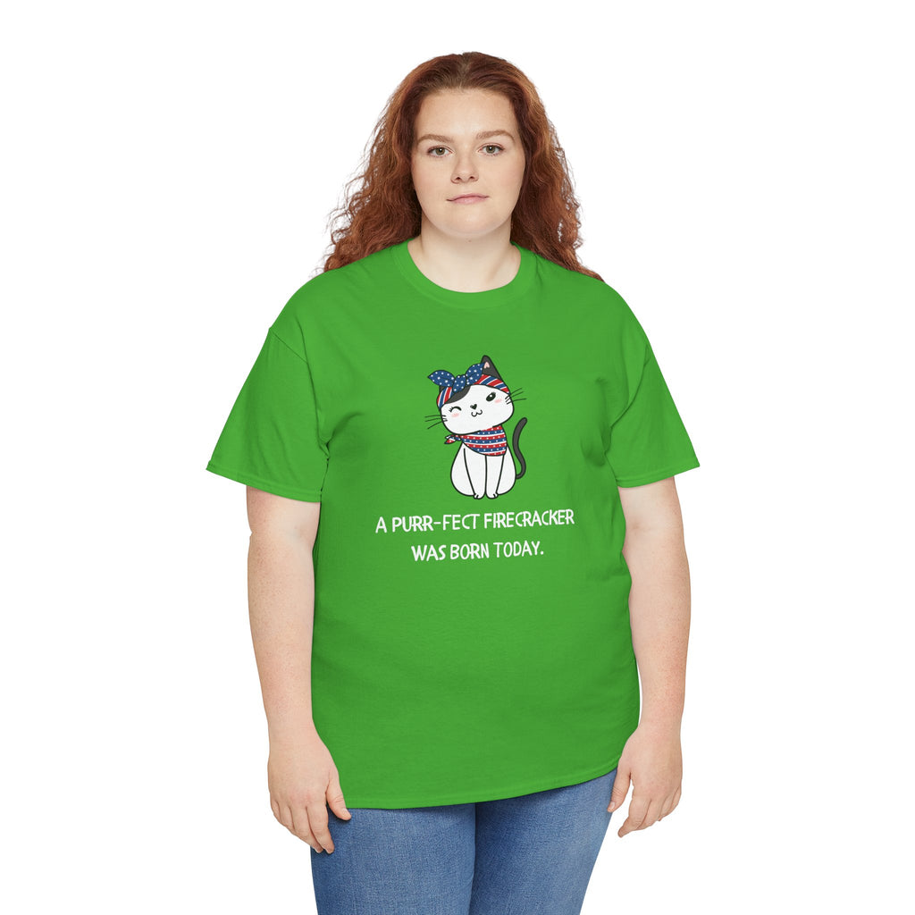 Cat Birthday Tee — "A Purr-fect Firecracker Was Born Today"