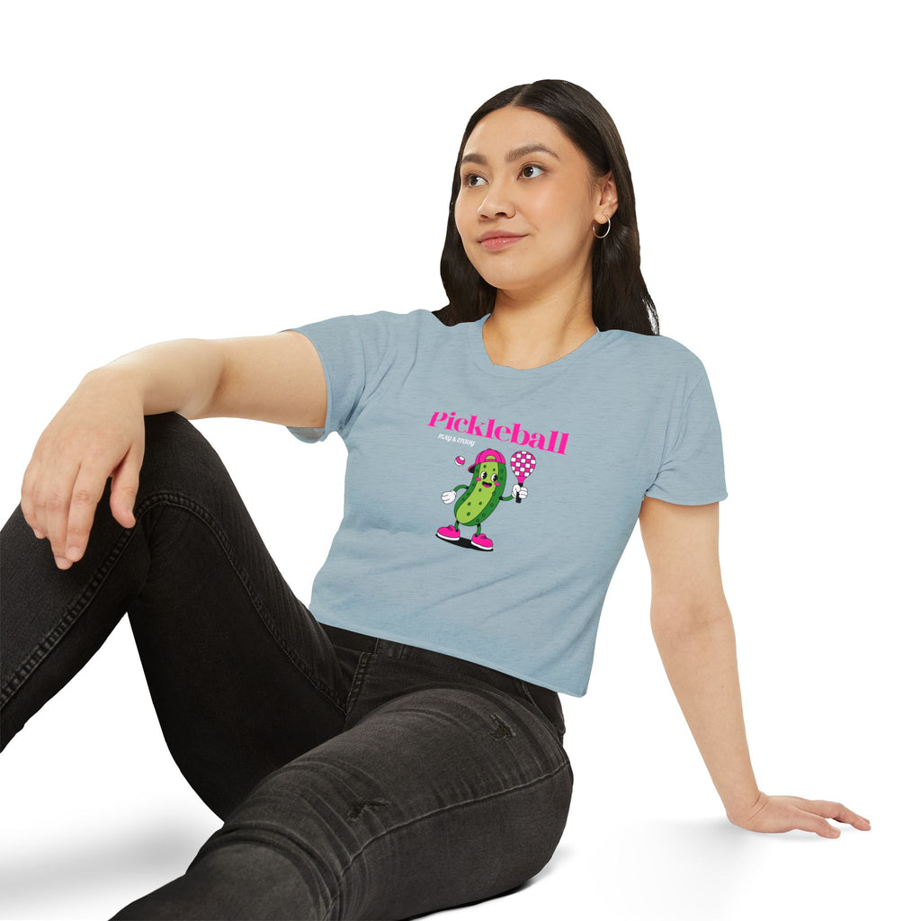 Pickleball Festival Crop Top — Cute Pickle Character Graphic Tee for Women