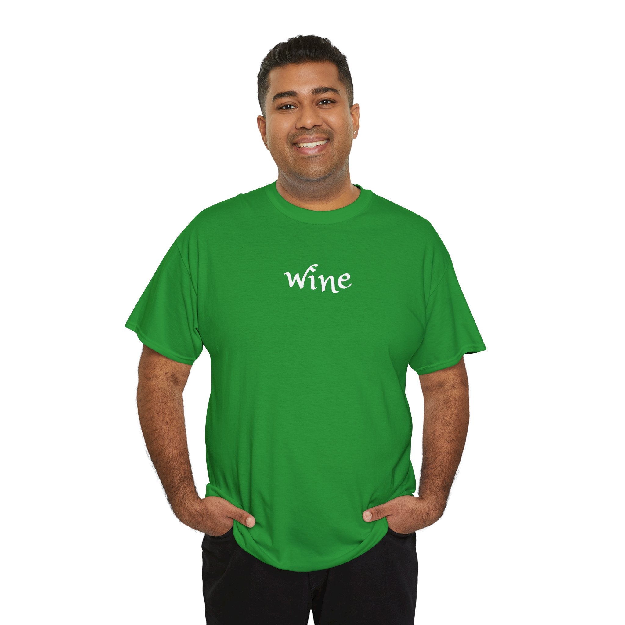 Wine Graphic Tee — Minimalist Small Chest 'wine' Text T‑Shirt
