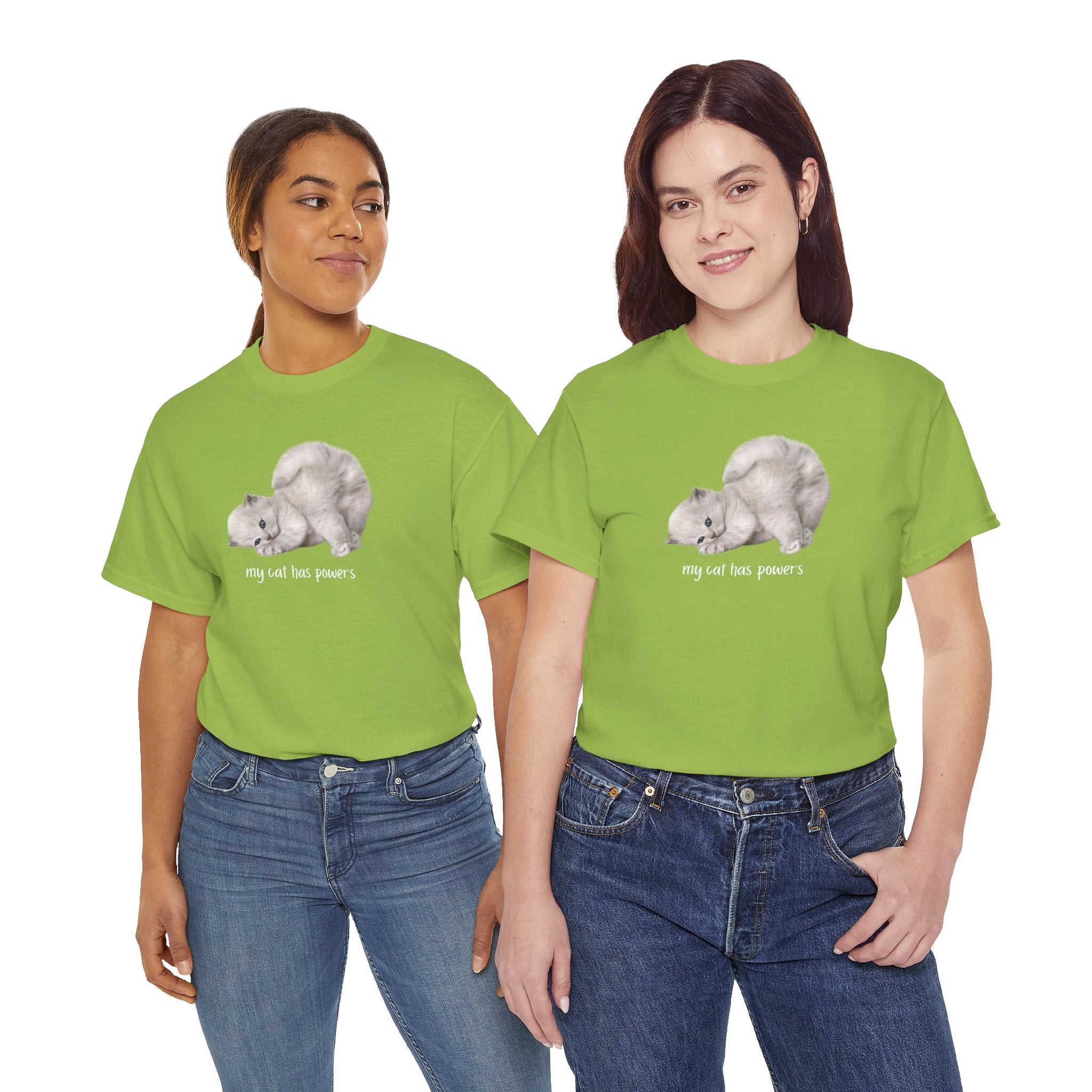 Cat T-Shirt – "My Cat Has Powers" Cute Stretching Cat Graphic Tee