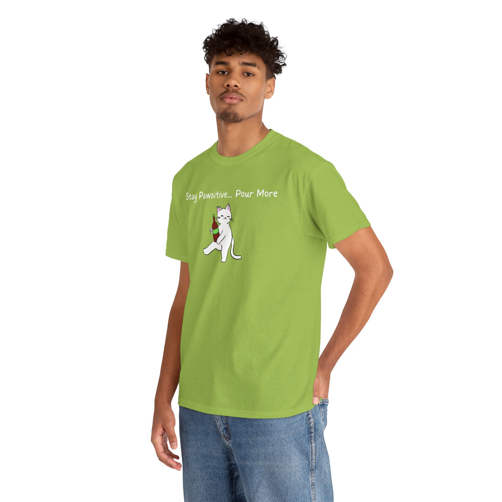 Cat Wine Tee - "Stay Pawsitive Pour More" Funny Cat Drinking T-Shirt