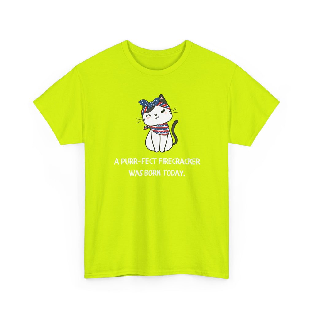 Cat Birthday Tee — "A Purr-fect Firecracker Was Born Today"