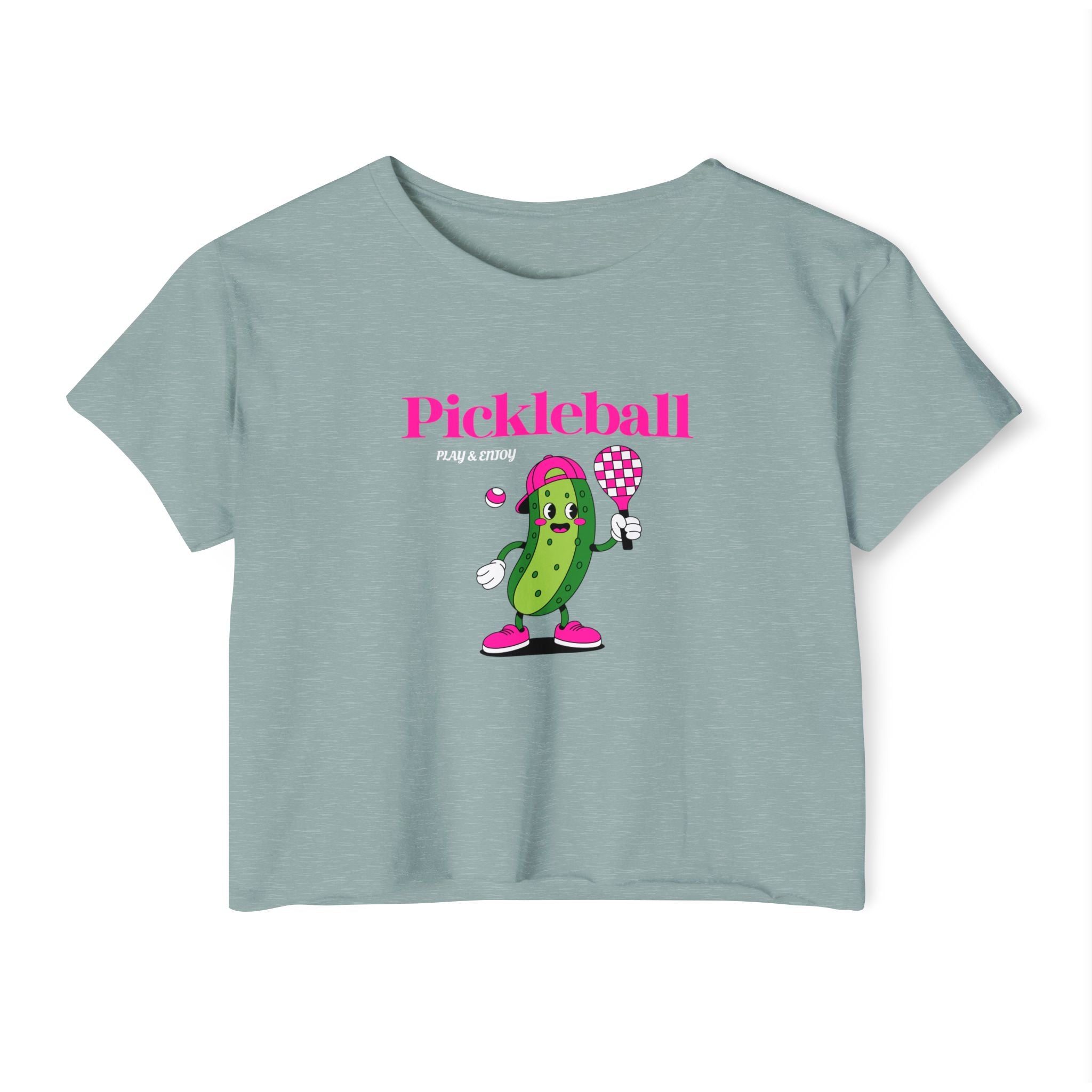 Pickleball Festival Crop Top — Cute Pickle Character Graphic Tee for Women