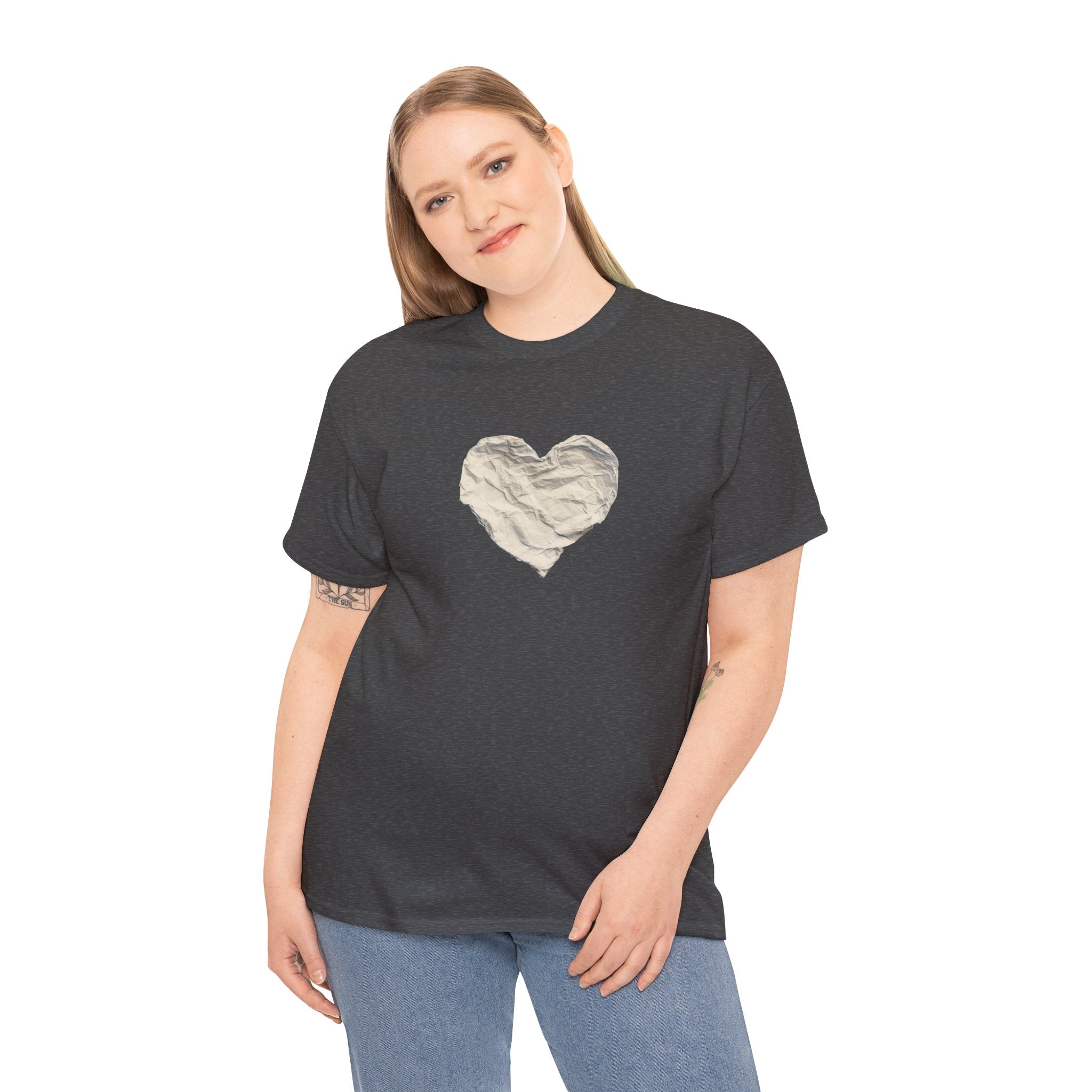 Crinkled Paper Heart Tee - Minimalist White Cotton Shirt