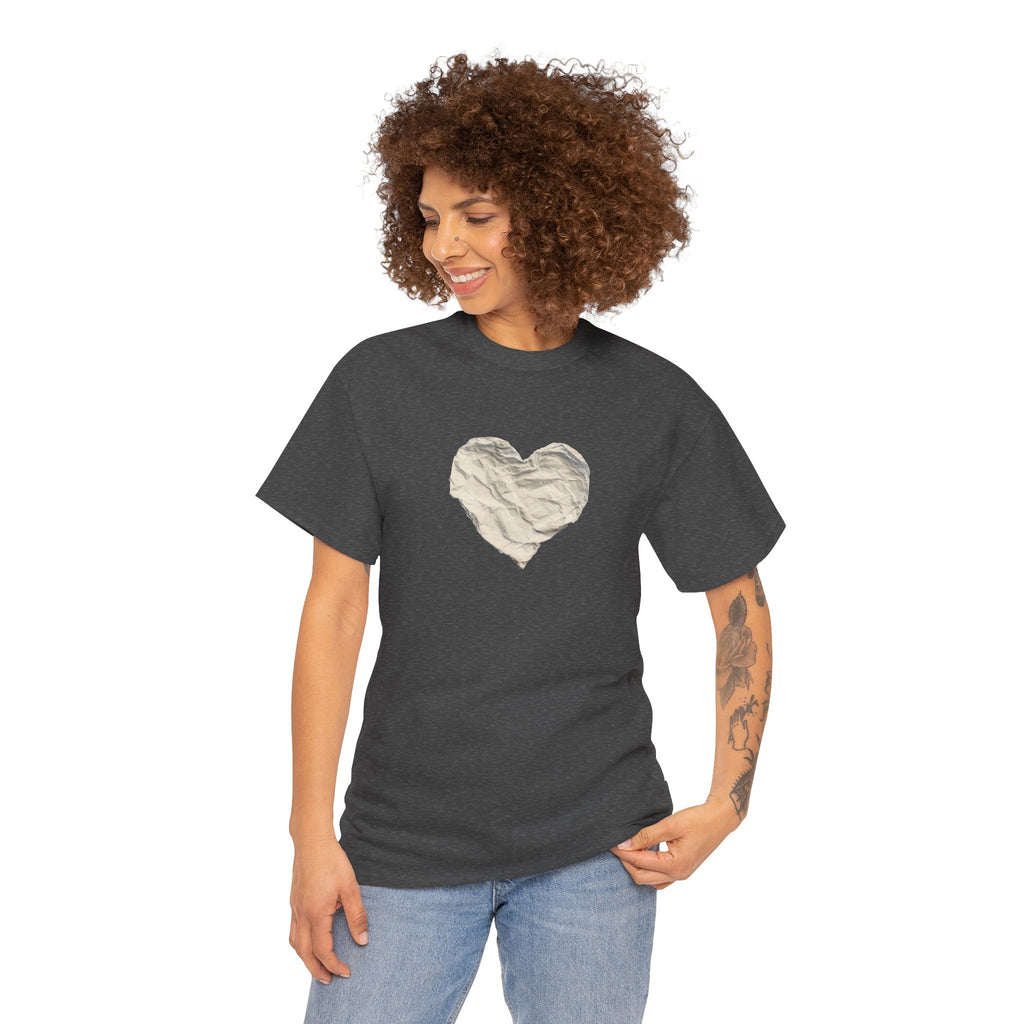 Crinkled Paper Heart Tee - Minimalist White Cotton Shirt