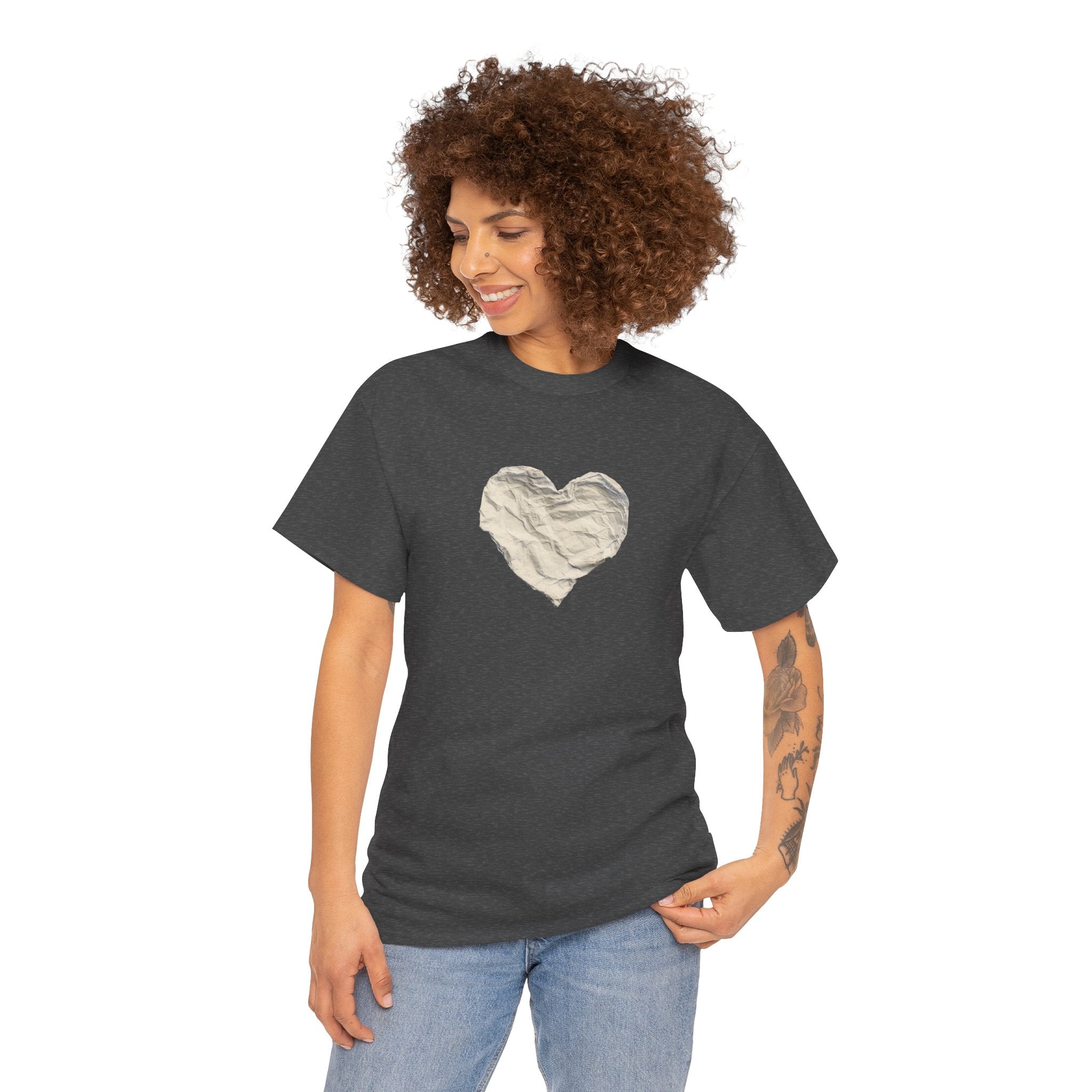 Crinkled Paper Heart Tee - Minimalist White Cotton Shirt