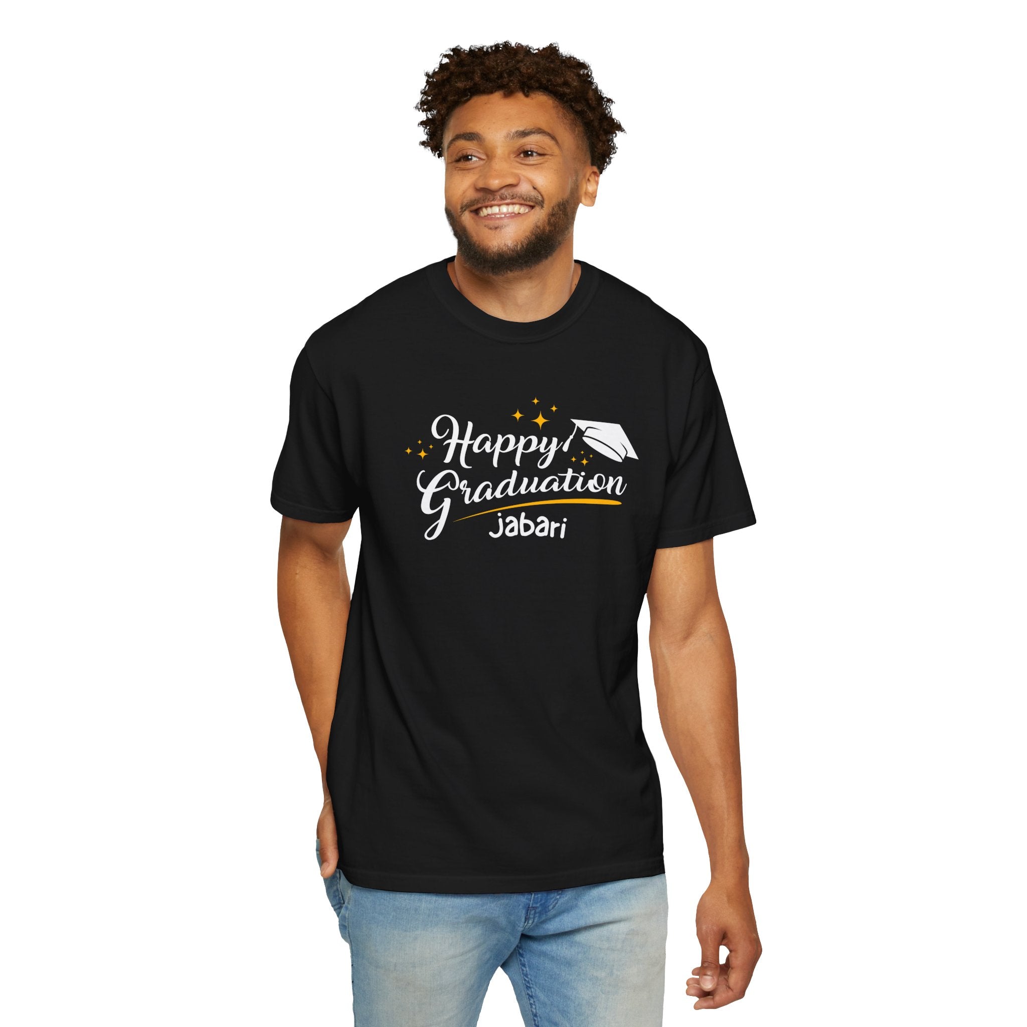 Graduation T-Shirt - "Happy Graduation" Custom Name (e.g., Jabari) with Back "Proud Dad of the Graduate"