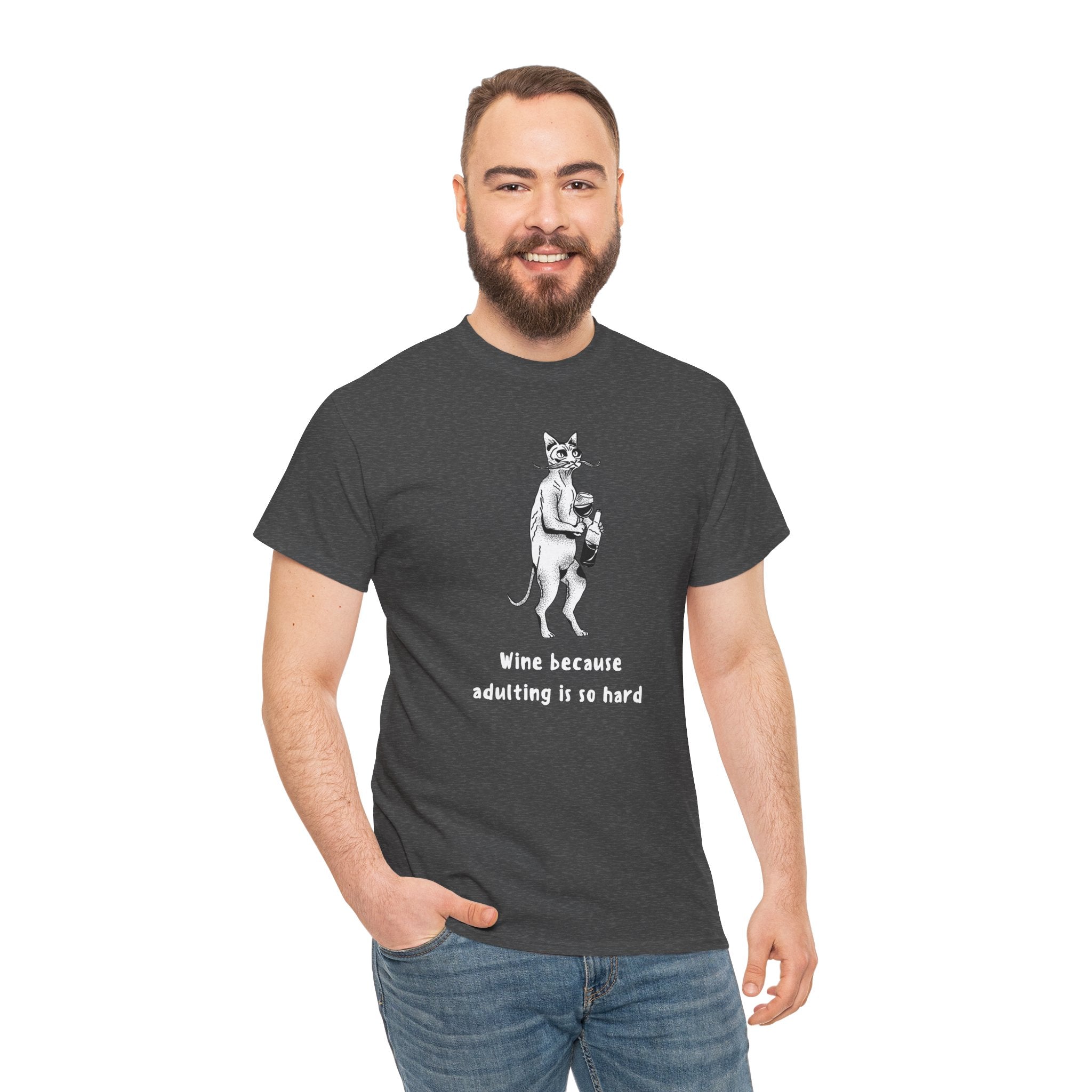 T-Shirt — 'Wine because adulting is so hard' Cat Wine Graphic Tee