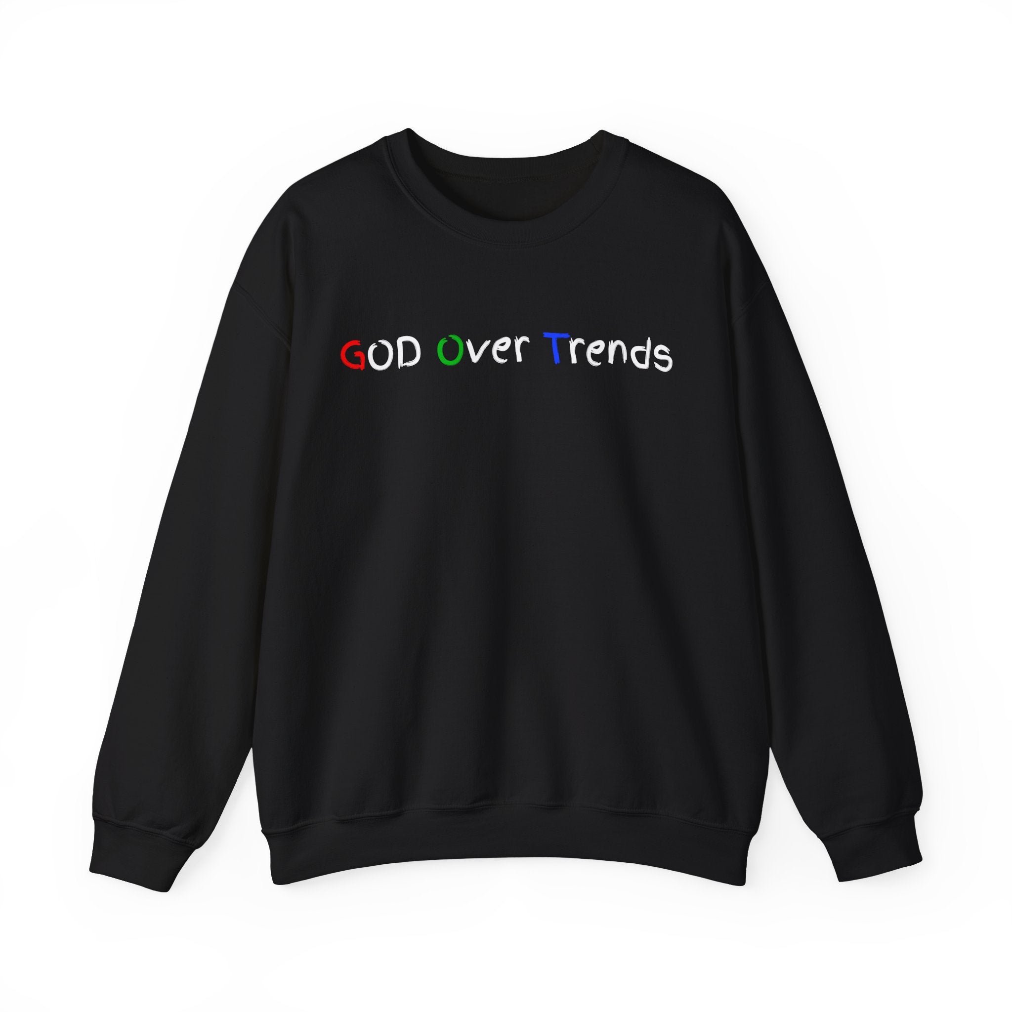 Crewneck Sweatshirt — "GOD over Trends" Colorful Faith Graphic