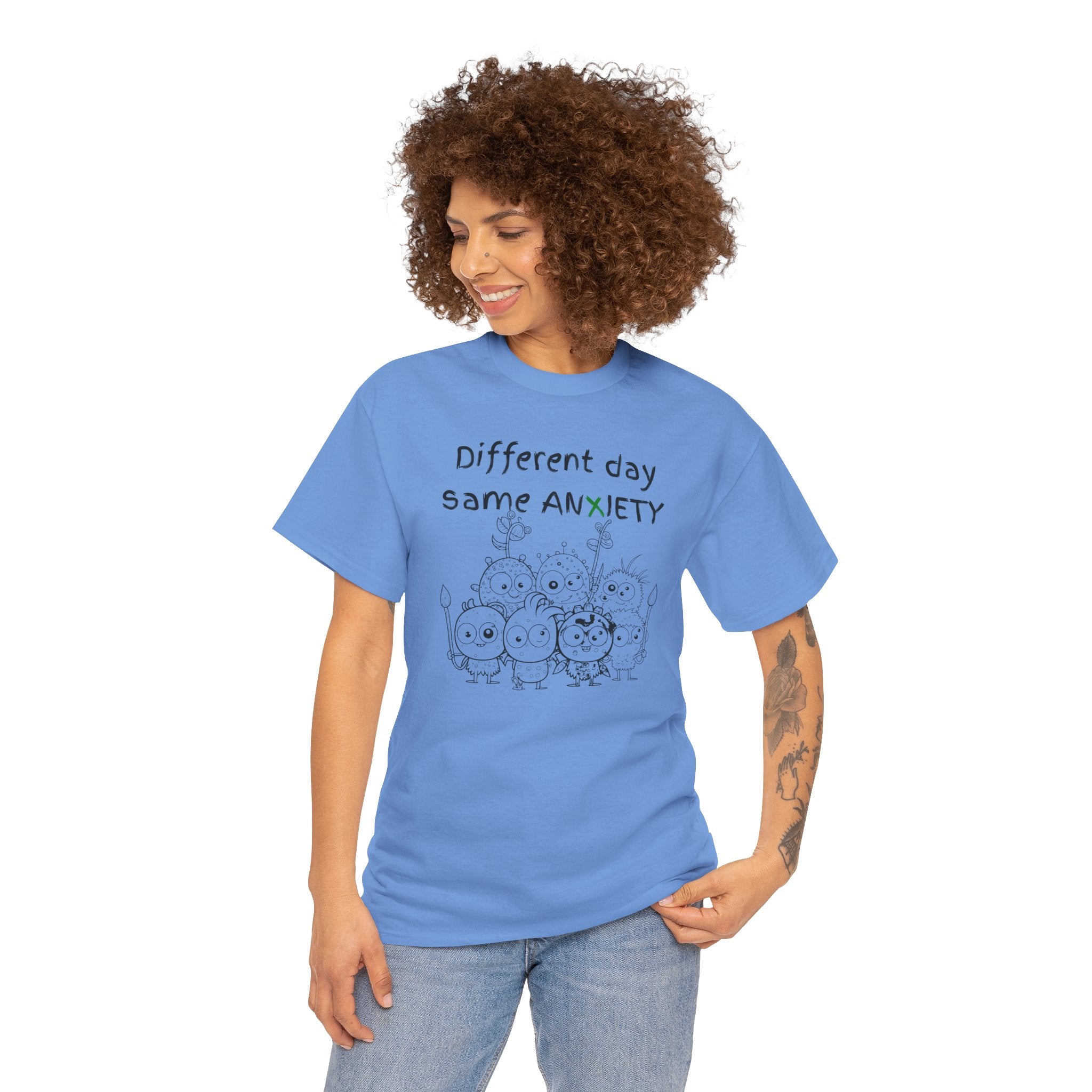 Anxiety Cartoon Tee — "Different day same ANXIETY" Mental Health Graphic T-Shirt