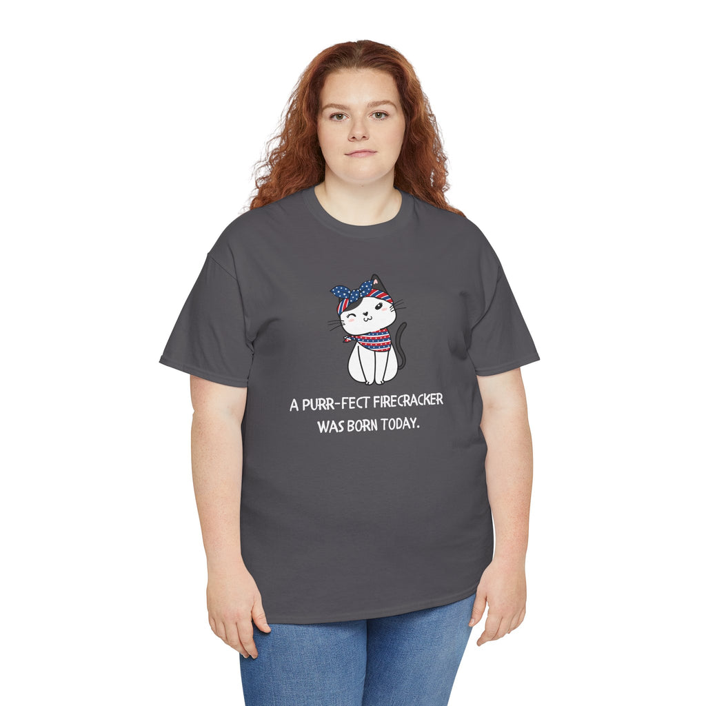 Cat Birthday Tee — "A Purr-fect Firecracker Was Born Today"