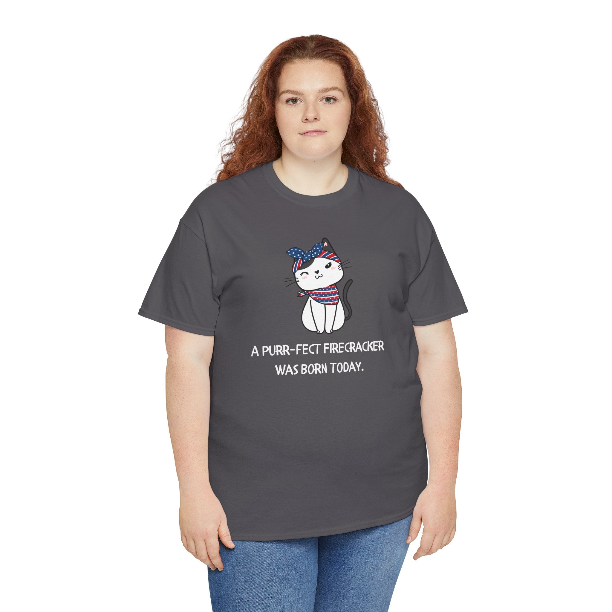 Cat Birthday Tee — "A Purr-fect Firecracker Was Born Today"