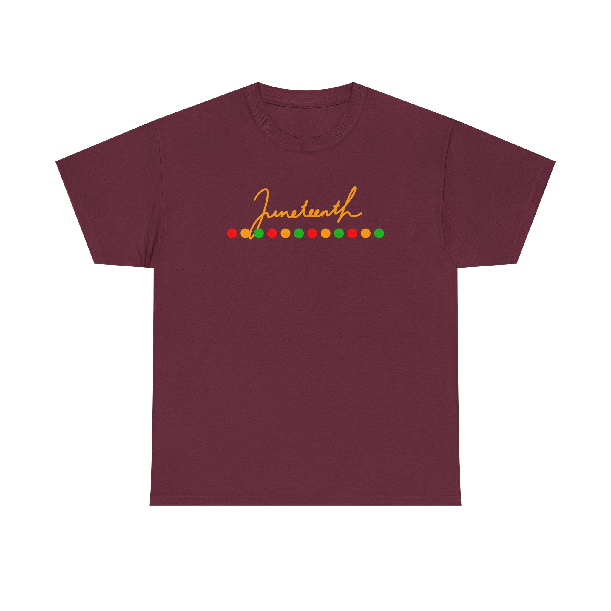 Juneteenth Script Tee — Juneteenth Celebration T-Shirt with Red, Green & Gold Dot Accent