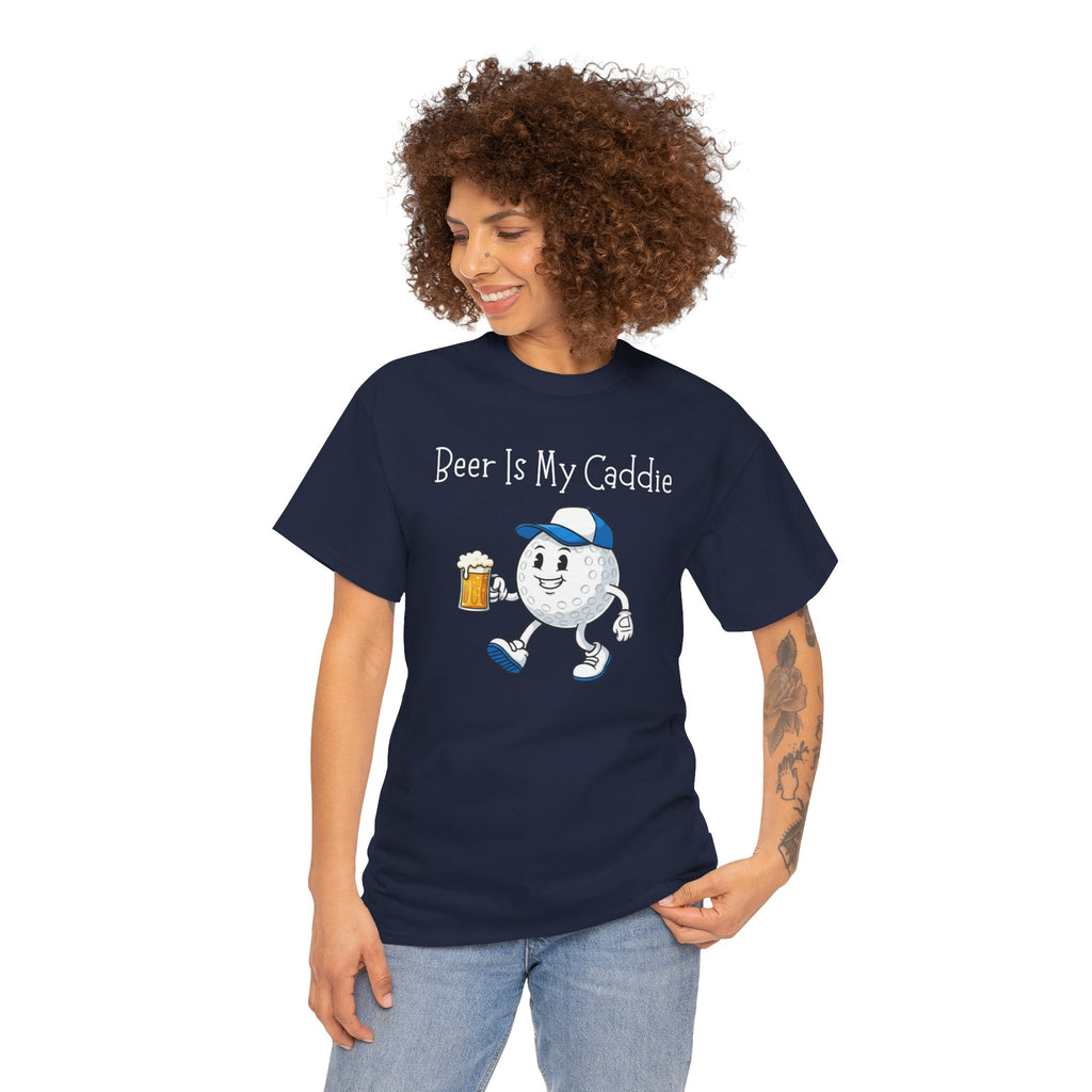 Golf Ball Cartoon Tee — "Beer Is My Caddie" Funny Golf Shirt