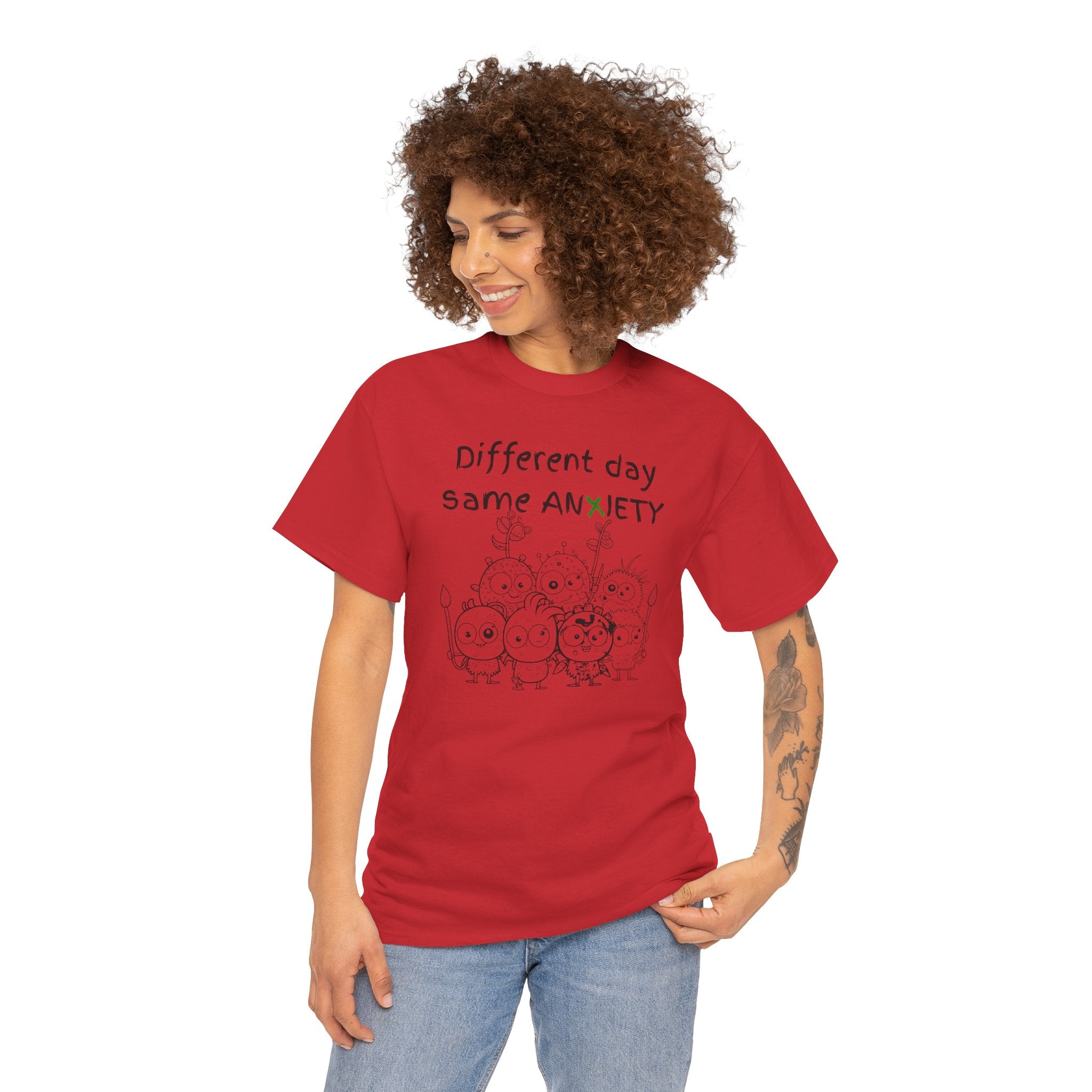 Anxiety Cartoon Tee — "Different day same ANXIETY" Mental Health Graphic T-Shirt
