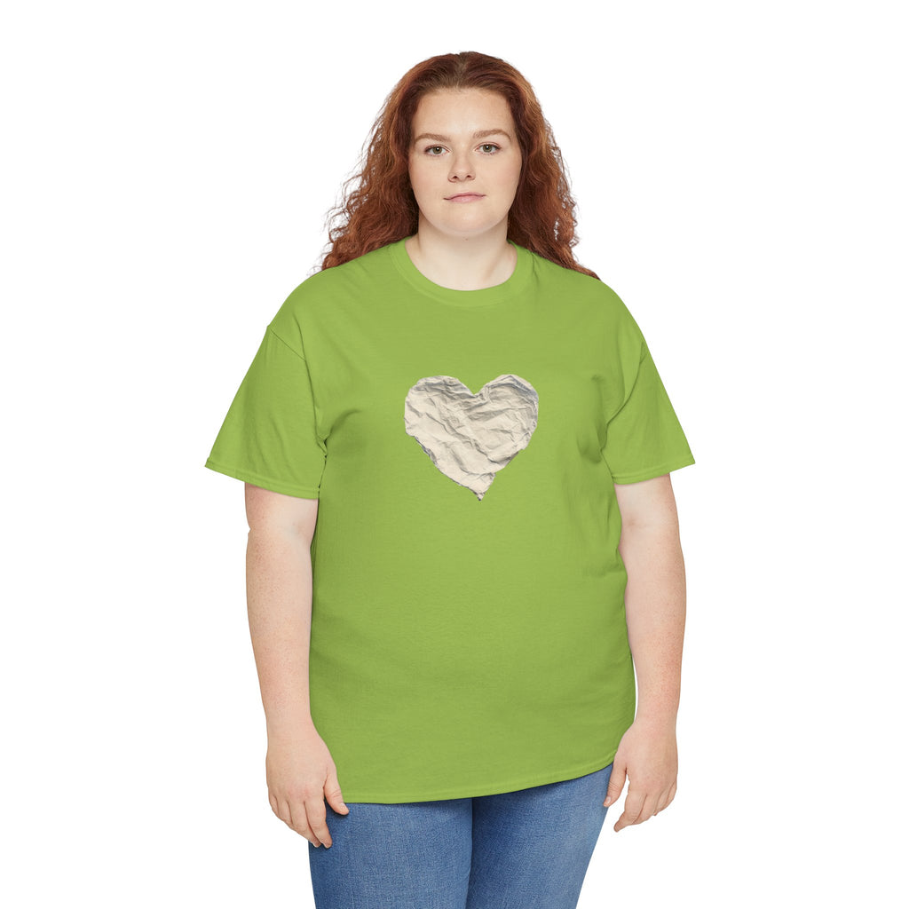 Crinkled Paper Heart Tee - Minimalist White Cotton Shirt
