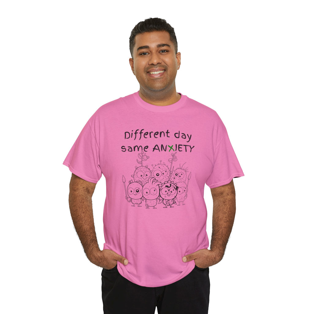 Anxiety Cartoon Tee — "Different day same ANXIETY" Mental Health Graphic T-Shirt