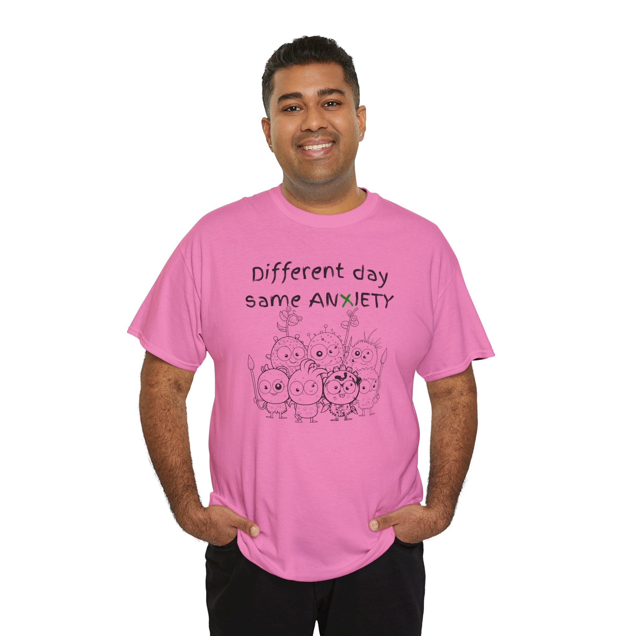 Anxiety Cartoon Tee — "Different day same ANXIETY" Mental Health Graphic T-Shirt